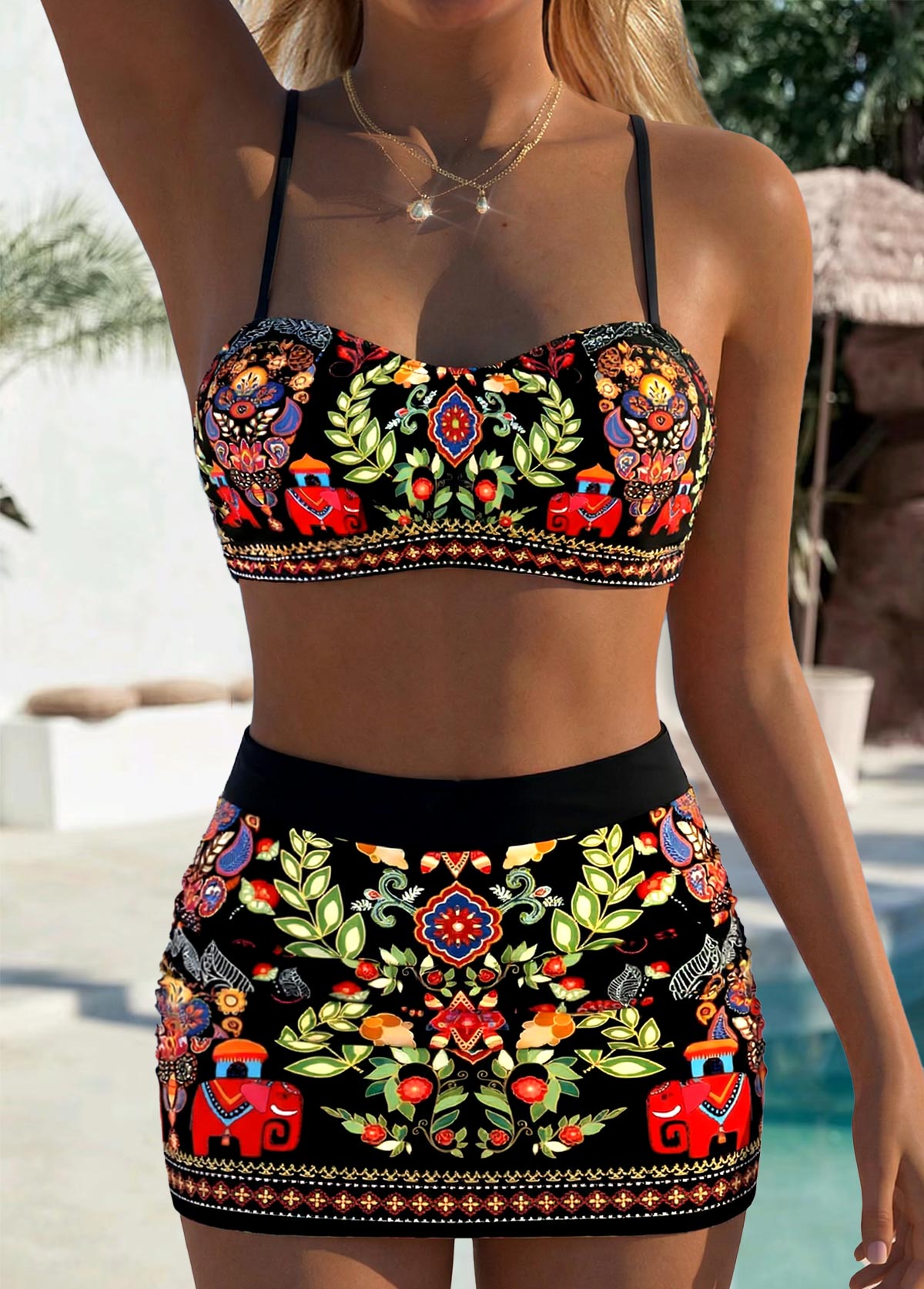 High Waisted Tribal Print Patchwork Black Bikini Set