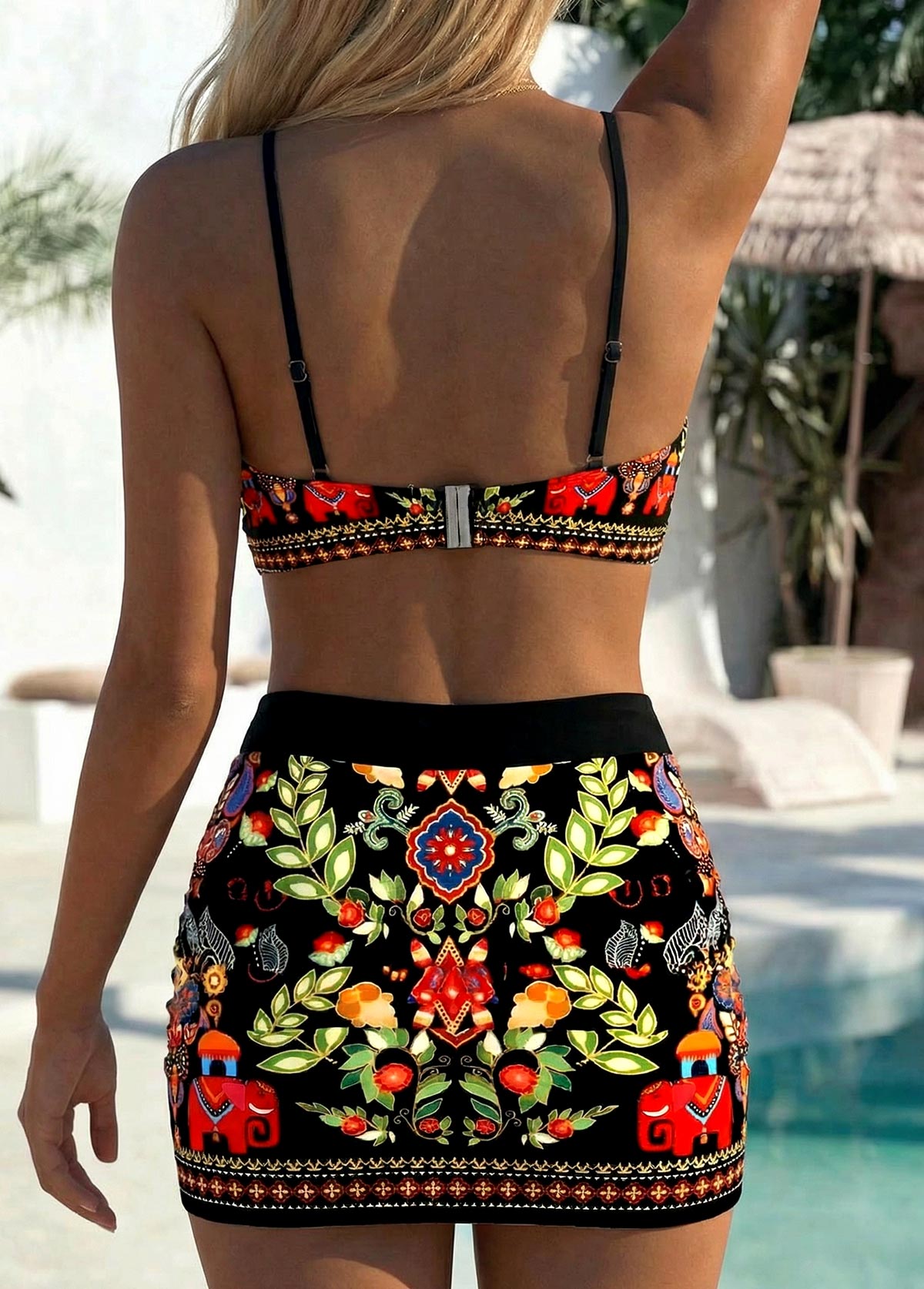 High Waisted Tribal Print Patchwork Black Bikini Set