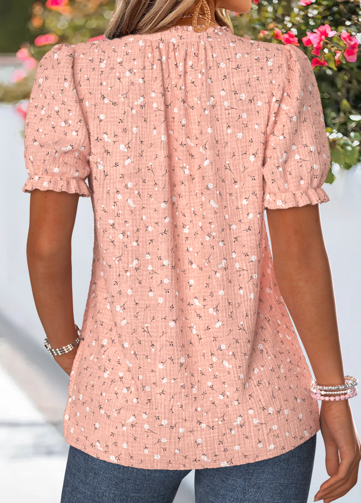 Floral Print Frill Dusty Pink Short Sleeve T Shirt