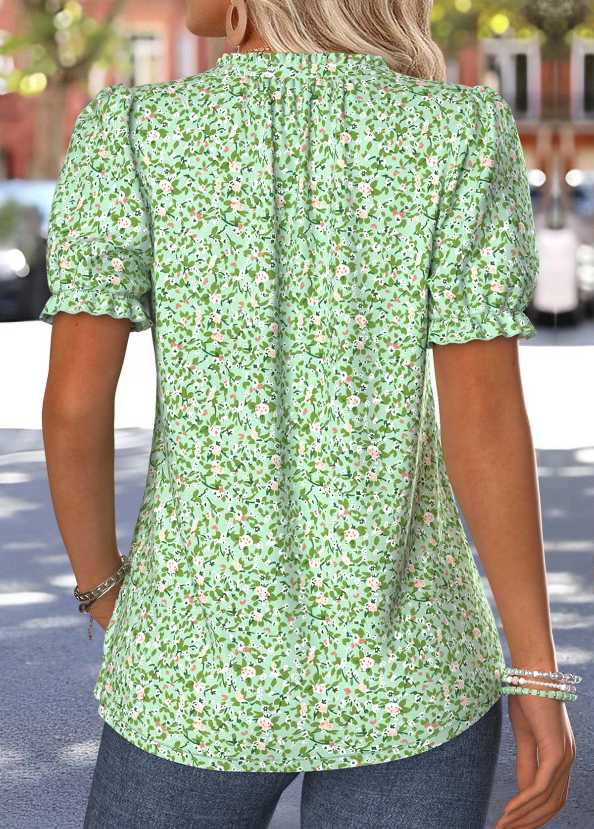 Ditsy Floral Print Tuck Stitch Light Green T Shirt