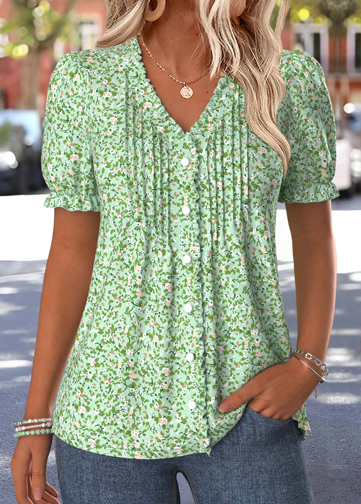 Ditsy Floral Print Tuck Stitch Light Green T Shirt