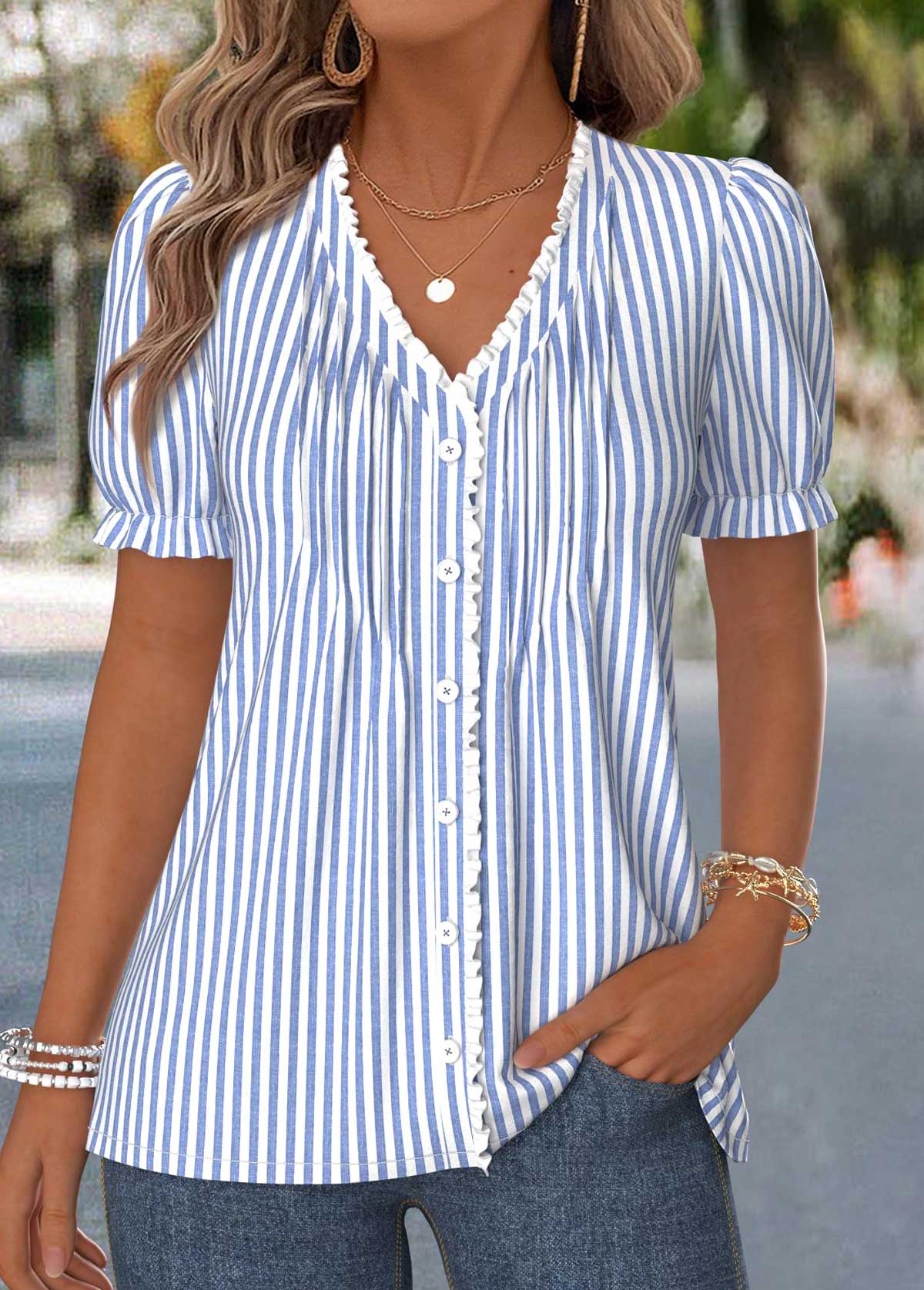 Striped Frill Dusty Blue Short Sleeve T Shirt