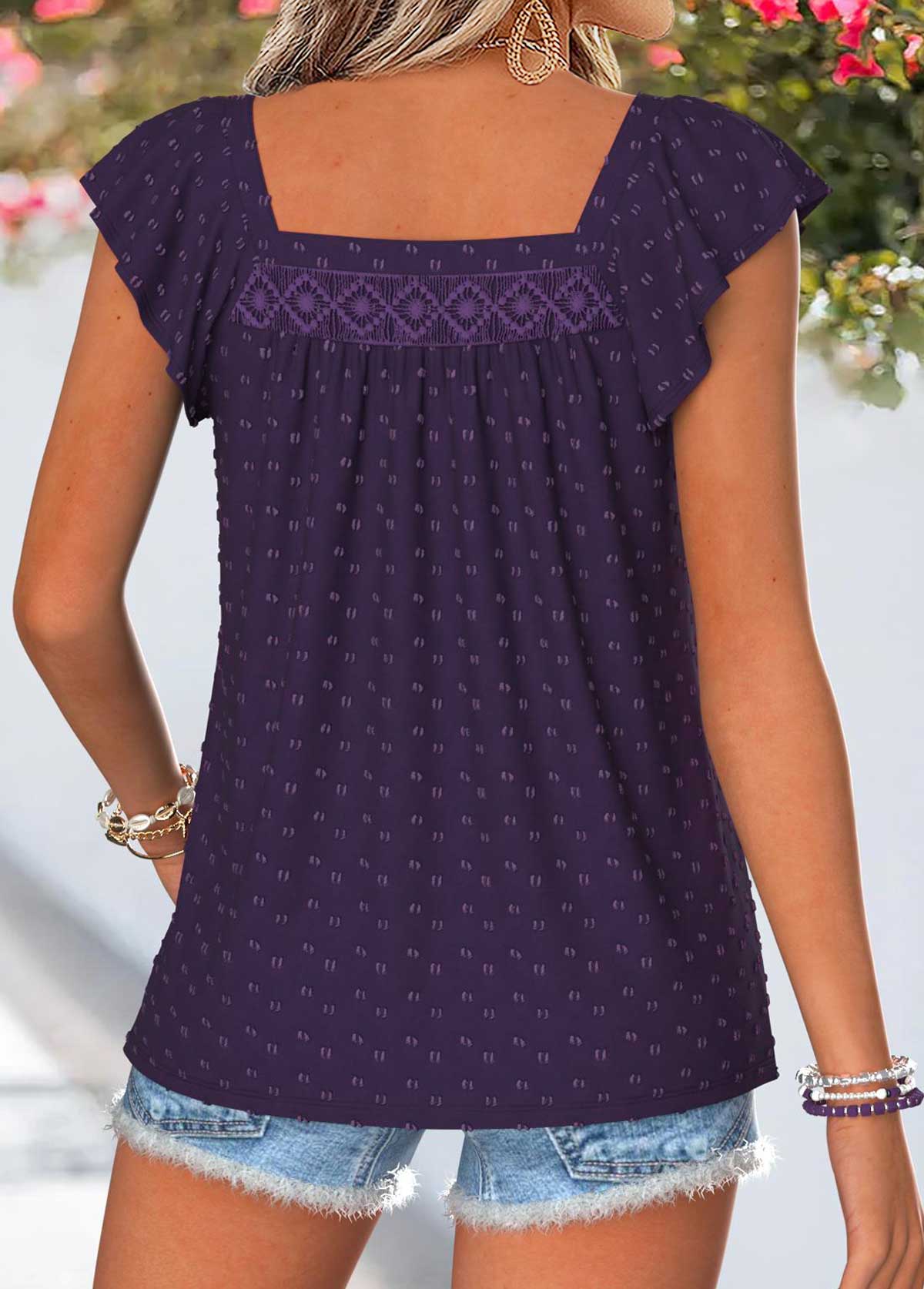 Curved Hem Purple Short Sleeve Square Neck Tank Top