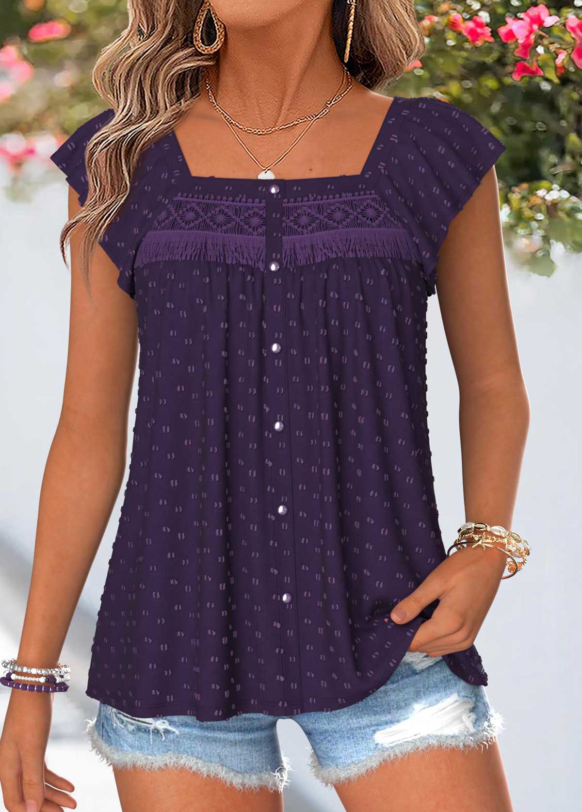 Curved Hem Purple Short Sleeve Square Neck Tank Top