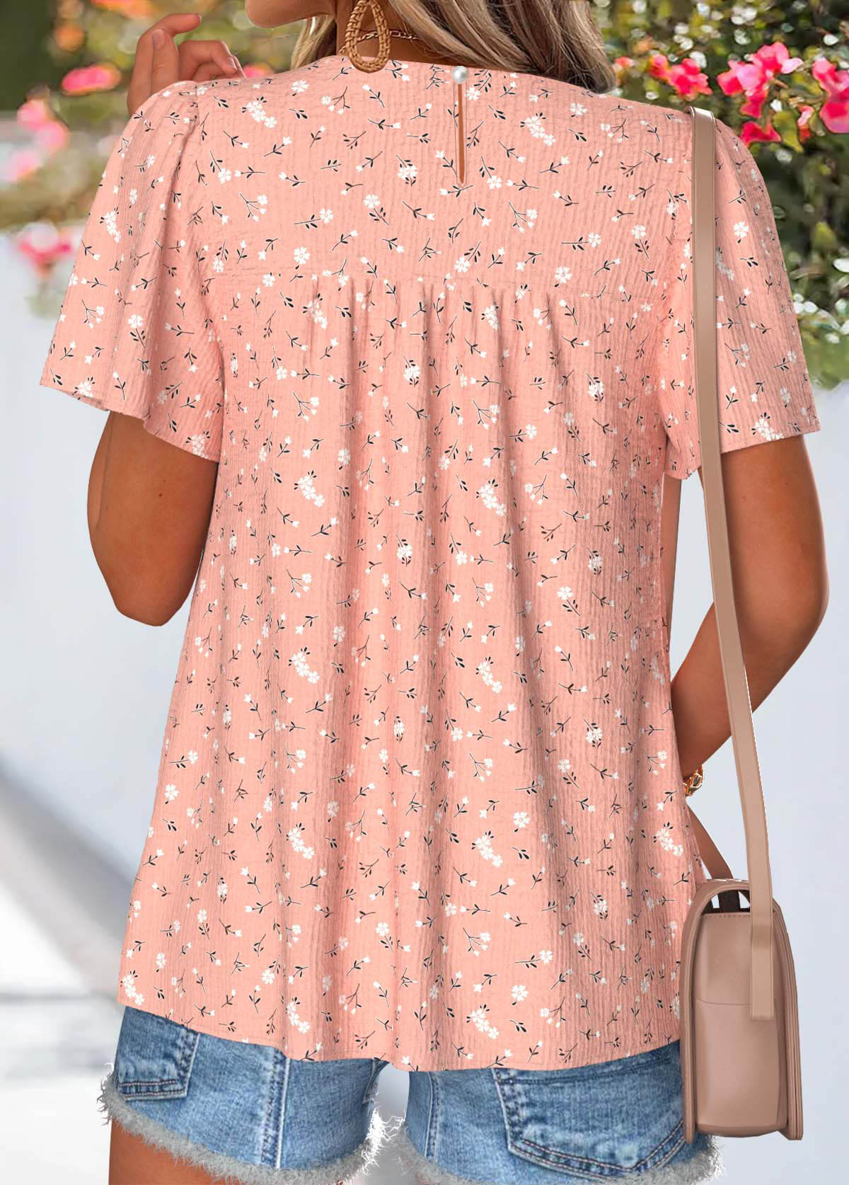 Floral Print Patchwork Light Pink Short Sleeve T Shirt