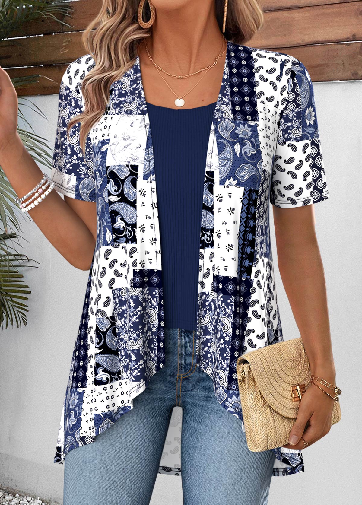 Patchwork Navy Short Sleeve Fake Two Piece Twinset