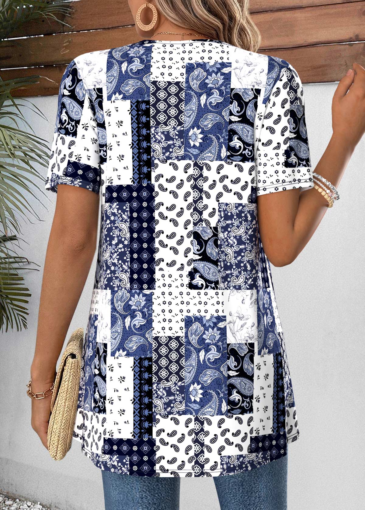 Patchwork Navy Short Sleeve Fake Two Piece Twinset
