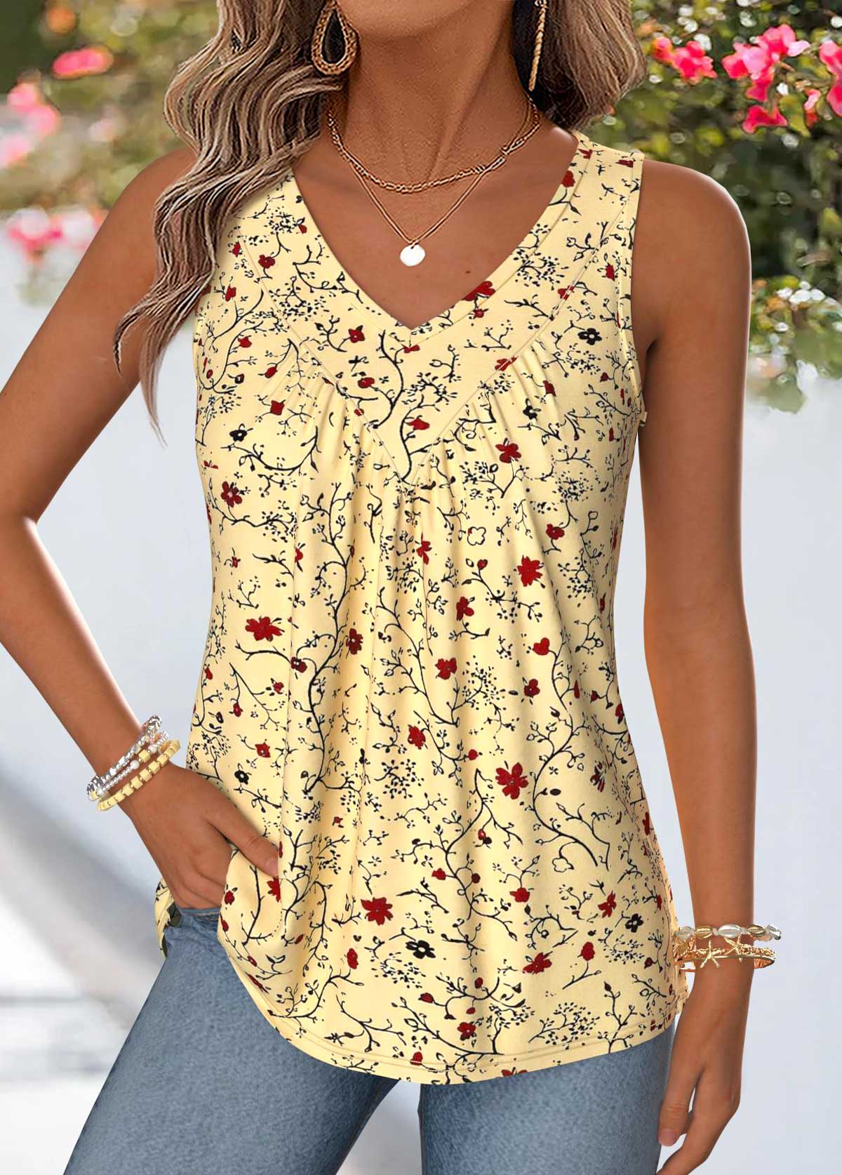 Floral Print Patchwork Light Yellow Sleeveless Tank Top