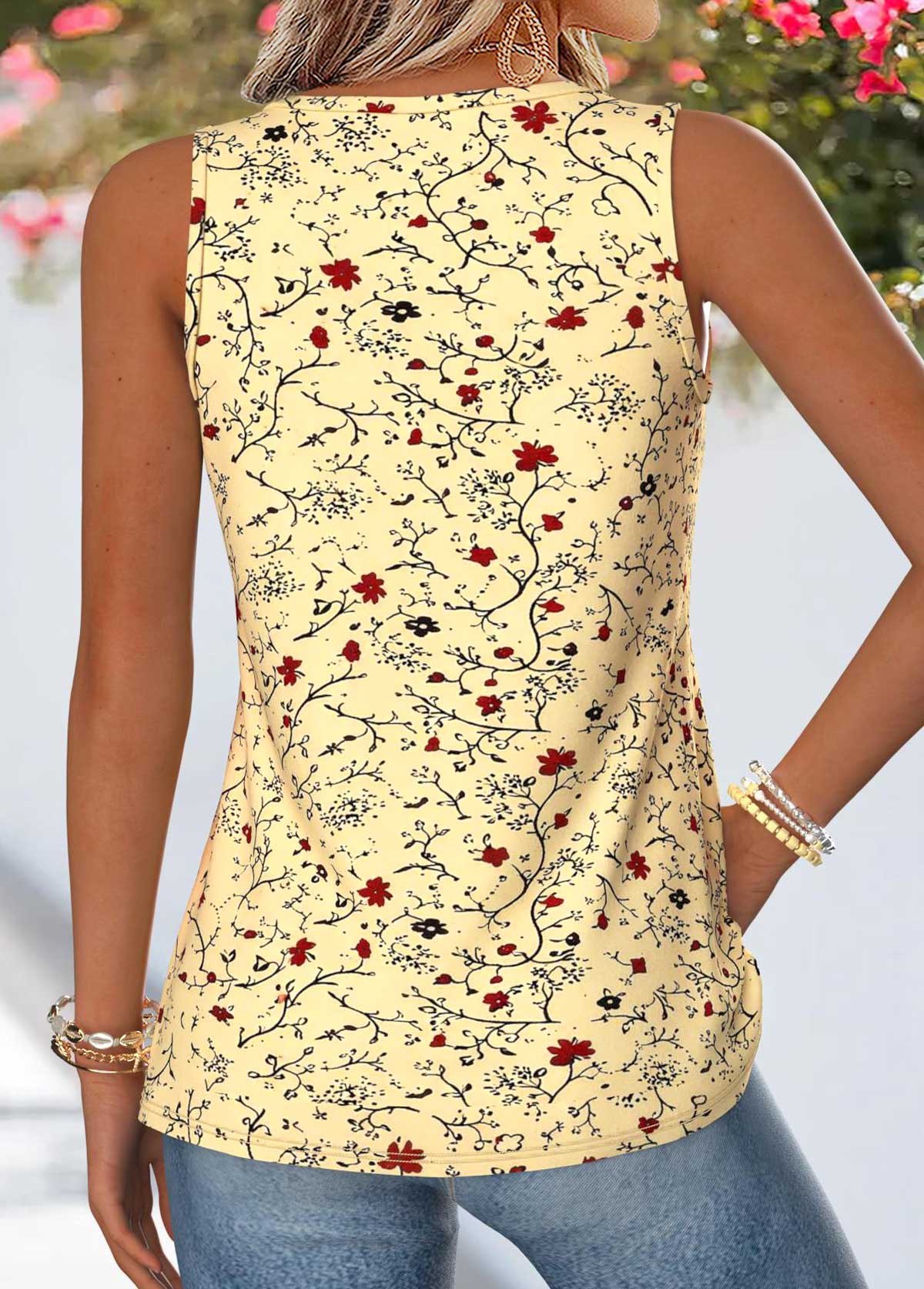 Floral Print Patchwork Light Yellow Sleeveless Tank Top