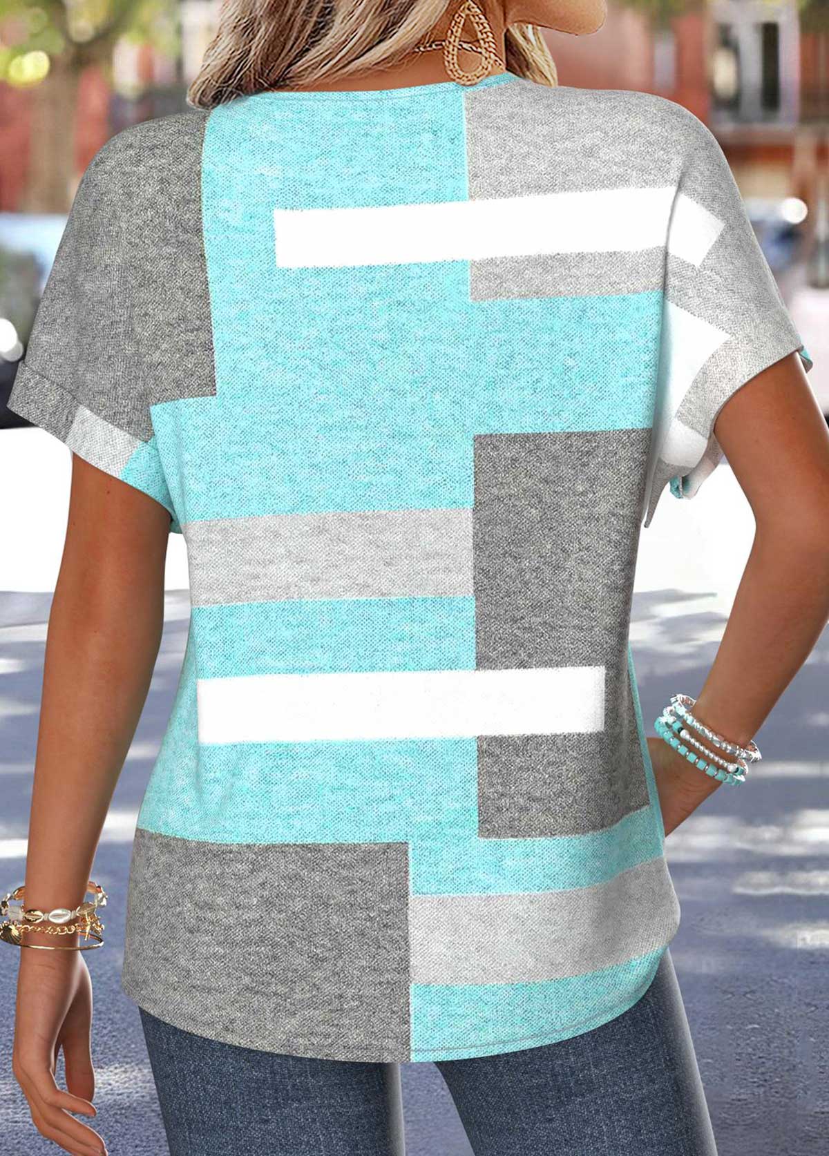 Geometric Print Tummy Coverage Mint Green T Shirt