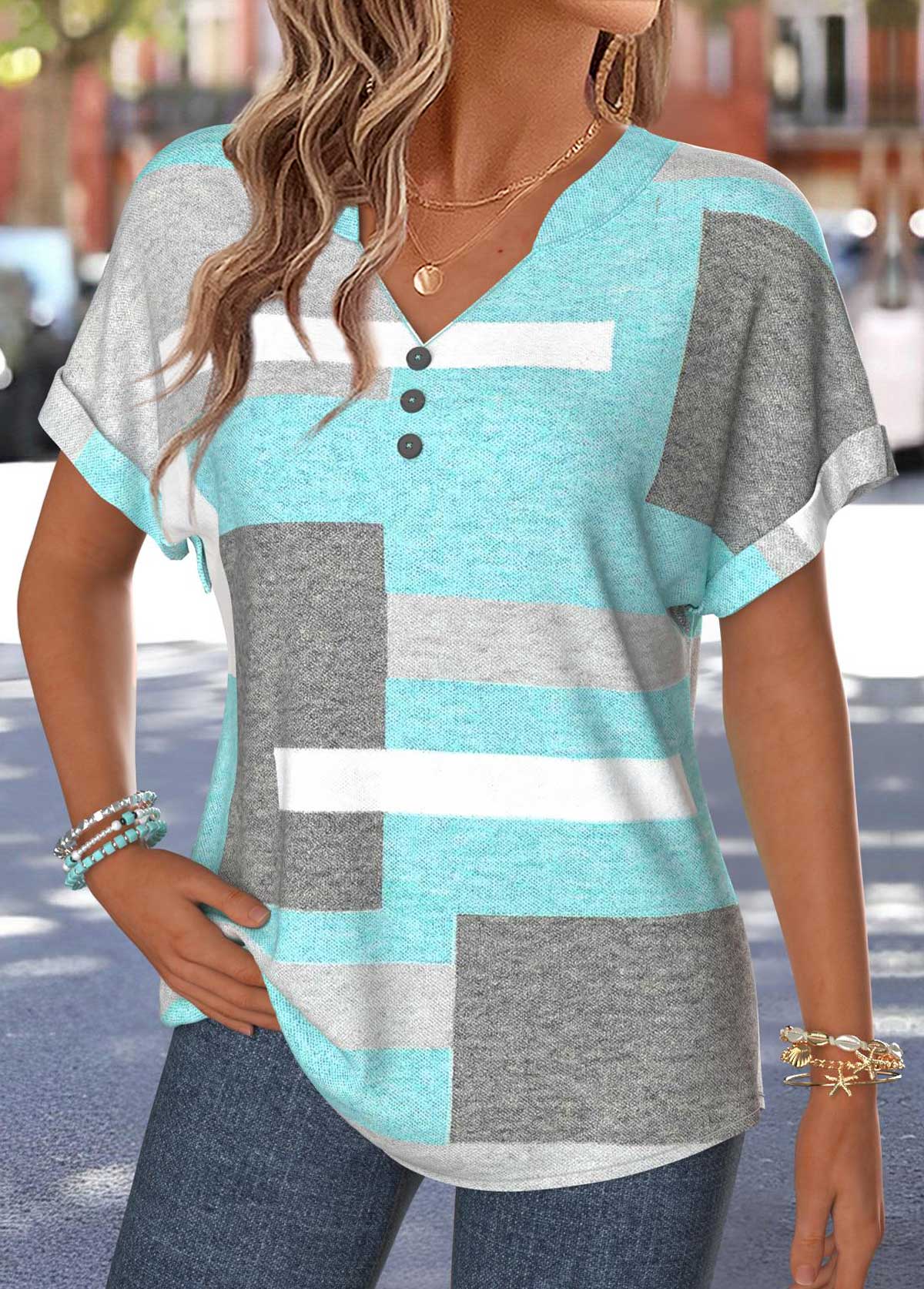 Geometric Print Tummy Coverage Mint Green T Shirt