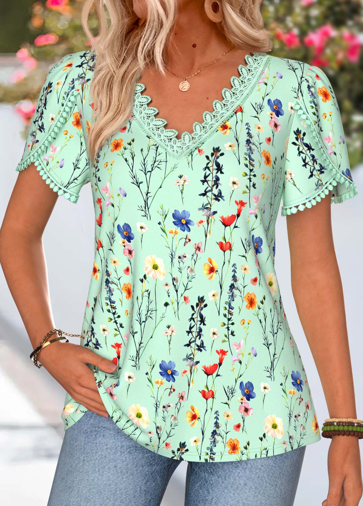 Floral Print Tummy Coverage Green Short Sleeve T Shirt