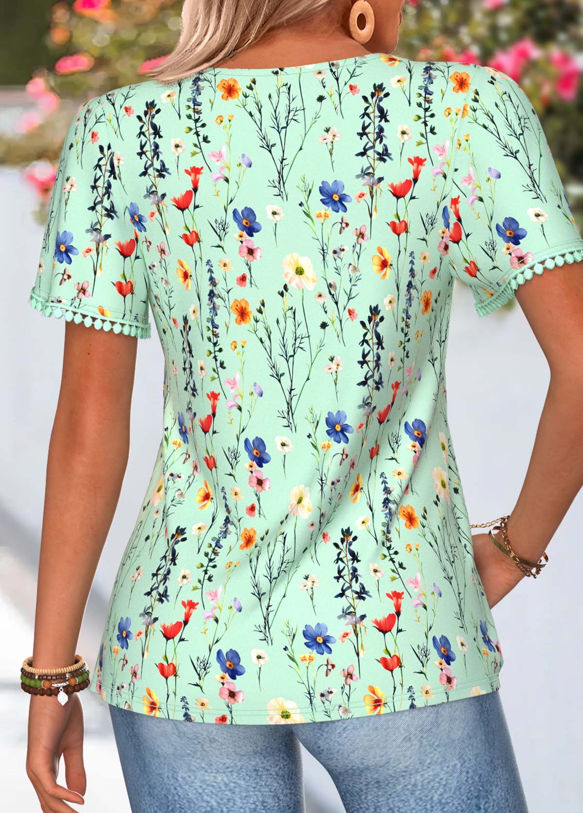 Floral Print Tummy Coverage Green Short Sleeve T Shirt