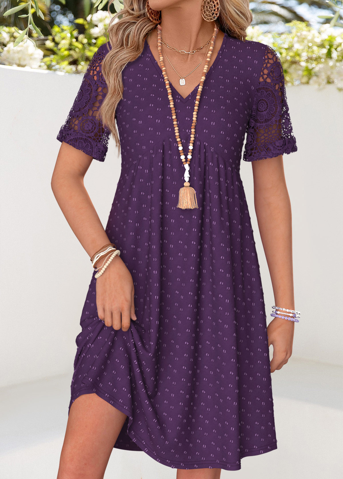 Patchwork Purple Short V Neck Dress