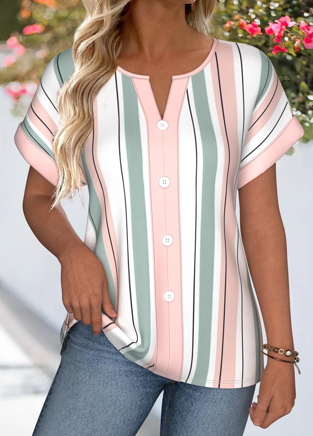 Striped Tummy Coverage Multi Color Short Sleeve Blouse