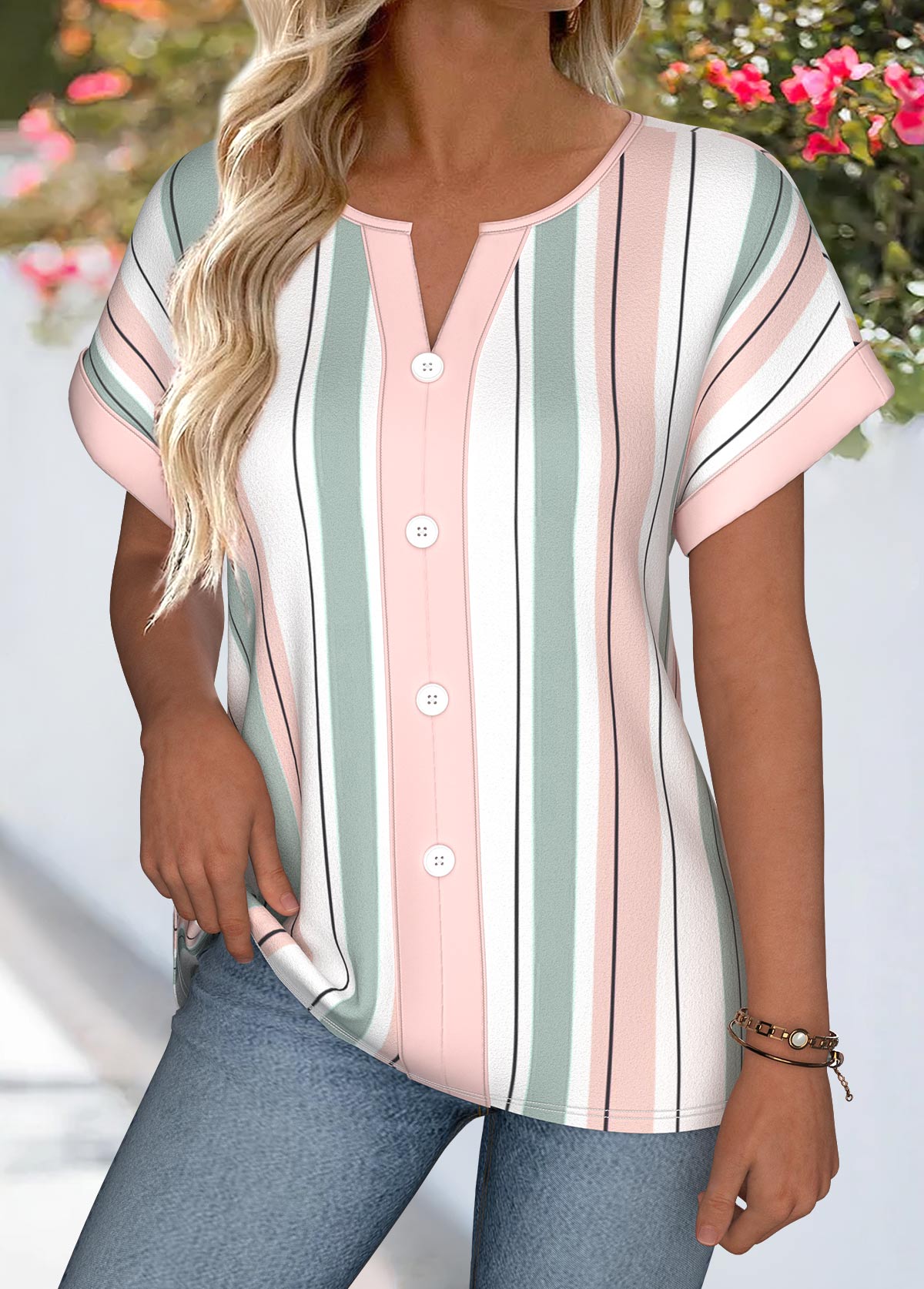 Striped Tummy Coverage Multi Color Short Sleeve Blouse