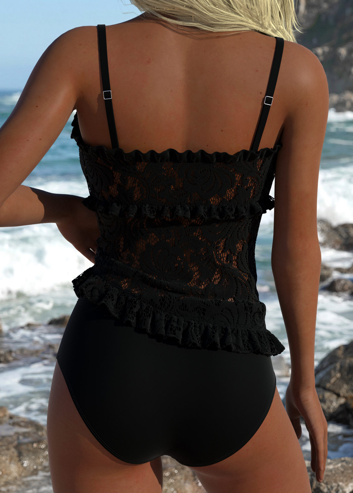 Mid Waisted Frill Black Tankini Set