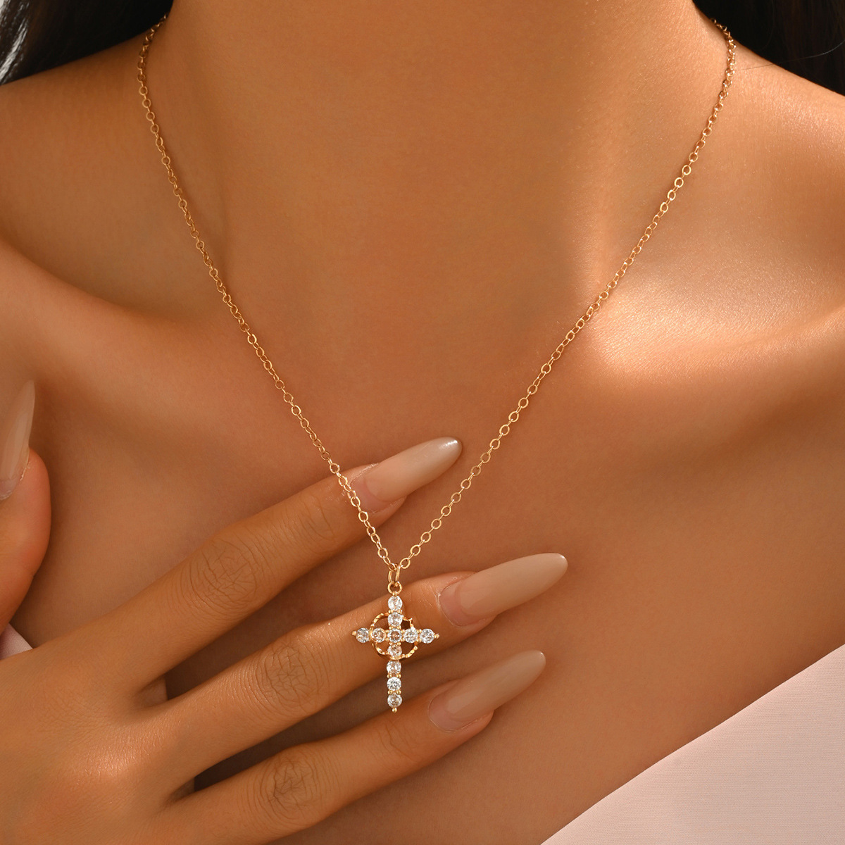Golden Zircon Cross Design Copper Necklace