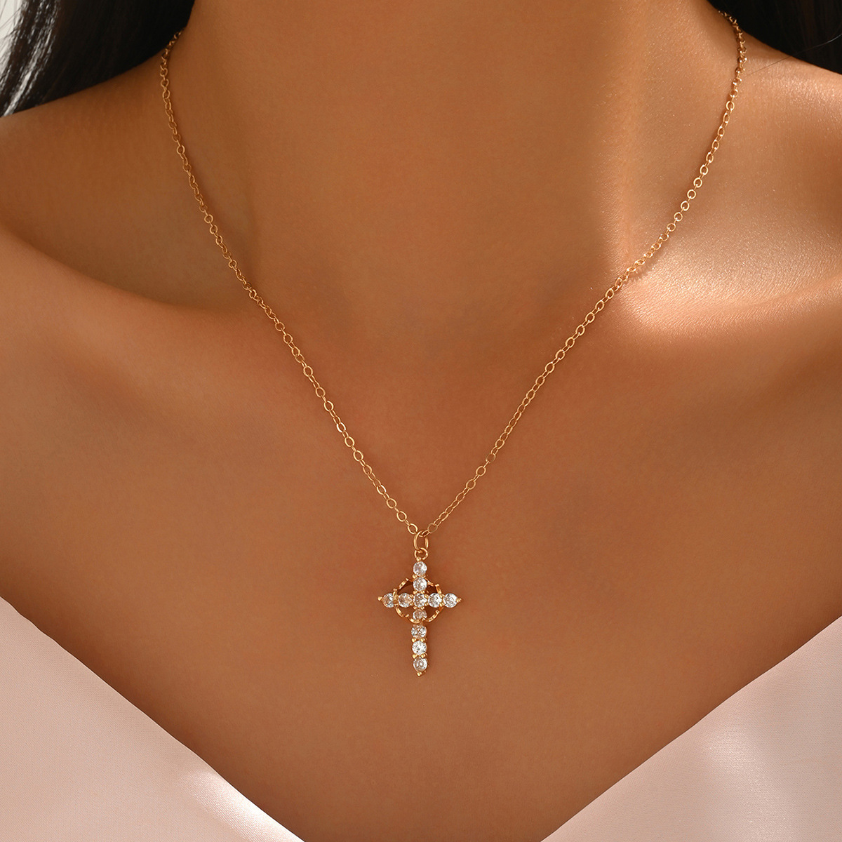 Golden Zircon Cross Design Copper Necklace