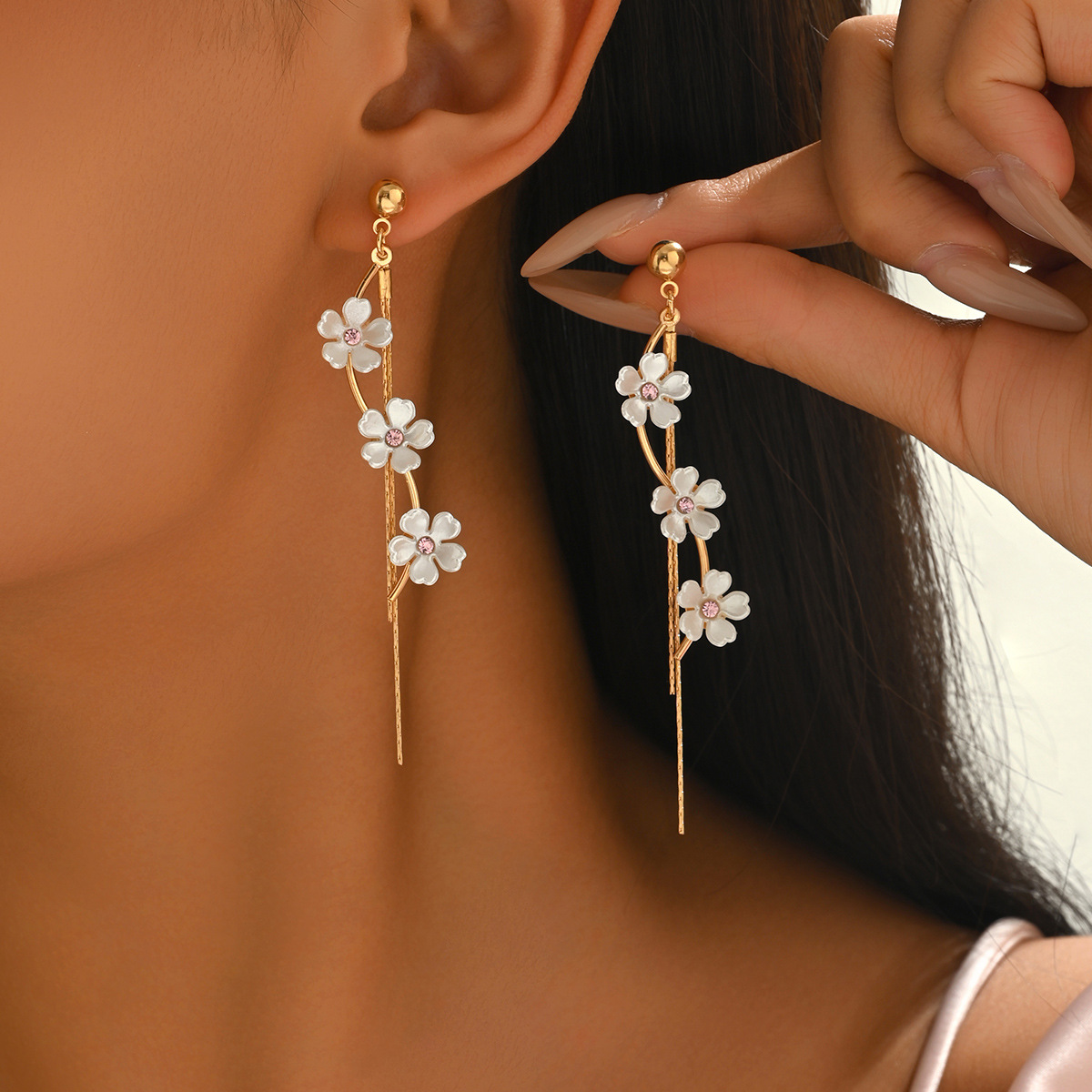 Golden Plastic Flower Tassel Design Earrings