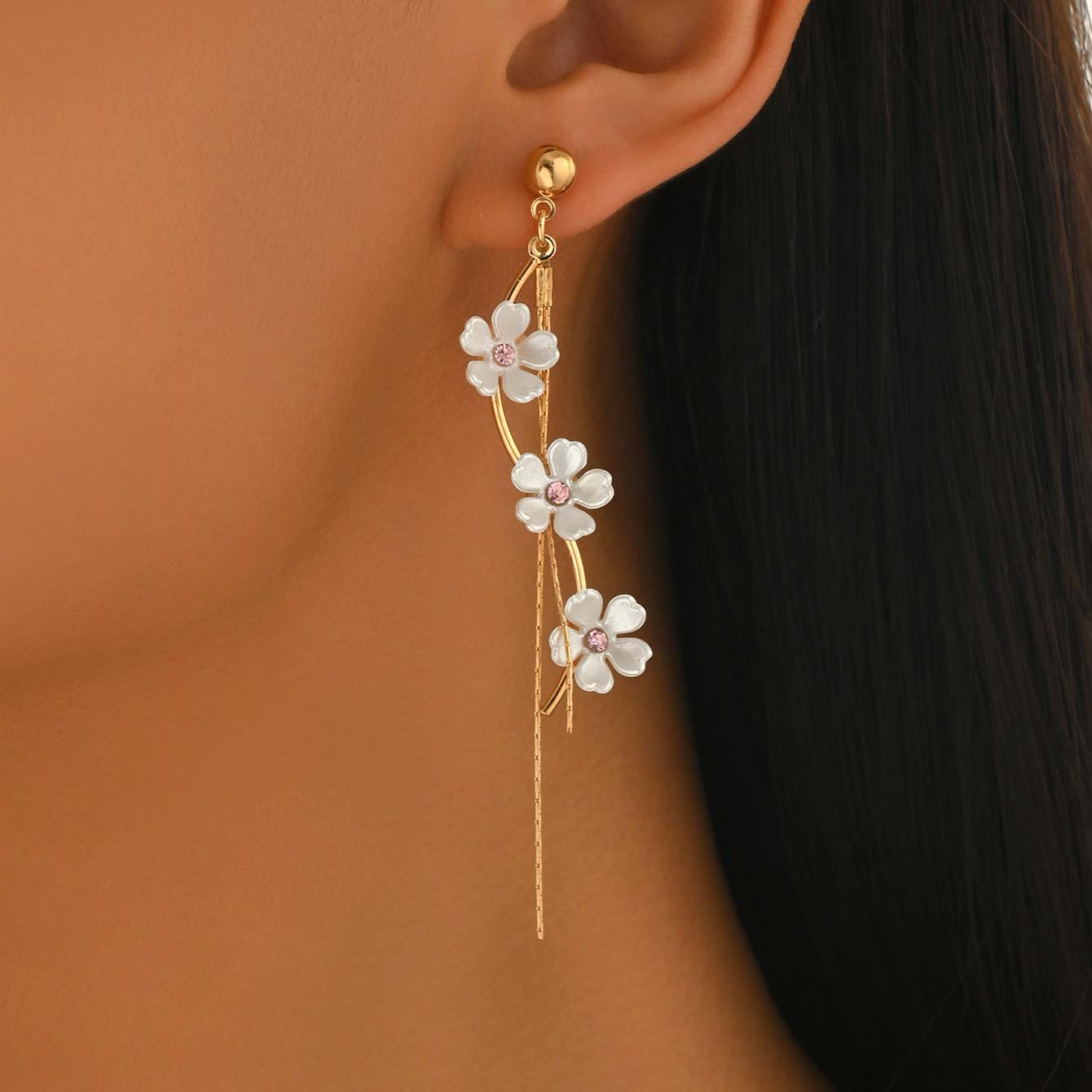 Golden Plastic Flower Tassel Design Earrings