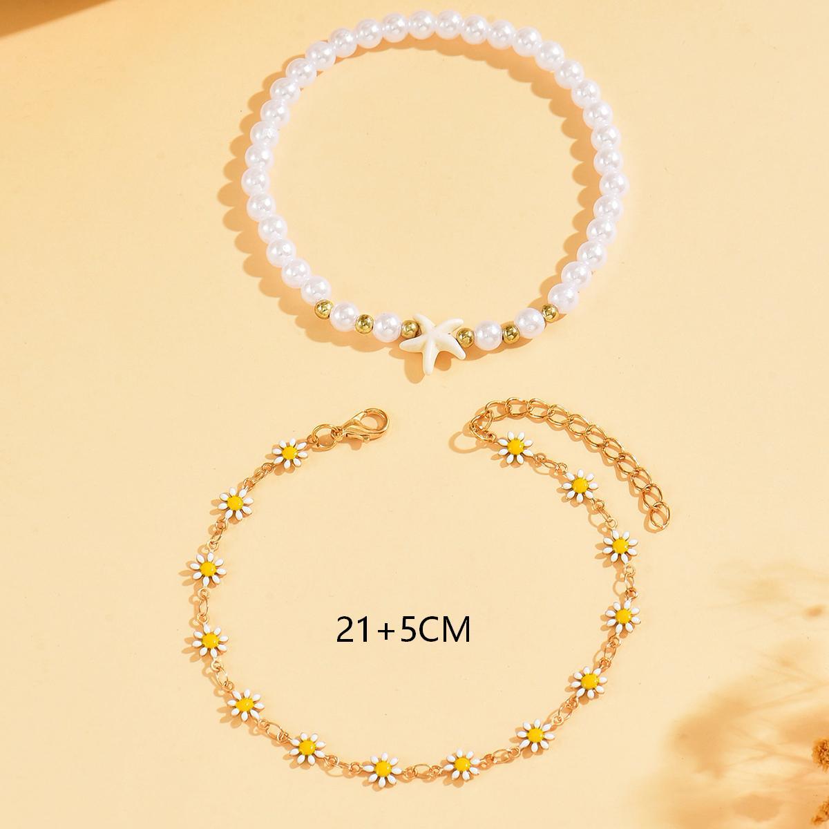 Beige Daisy Flower Pearl Starfish Anklets