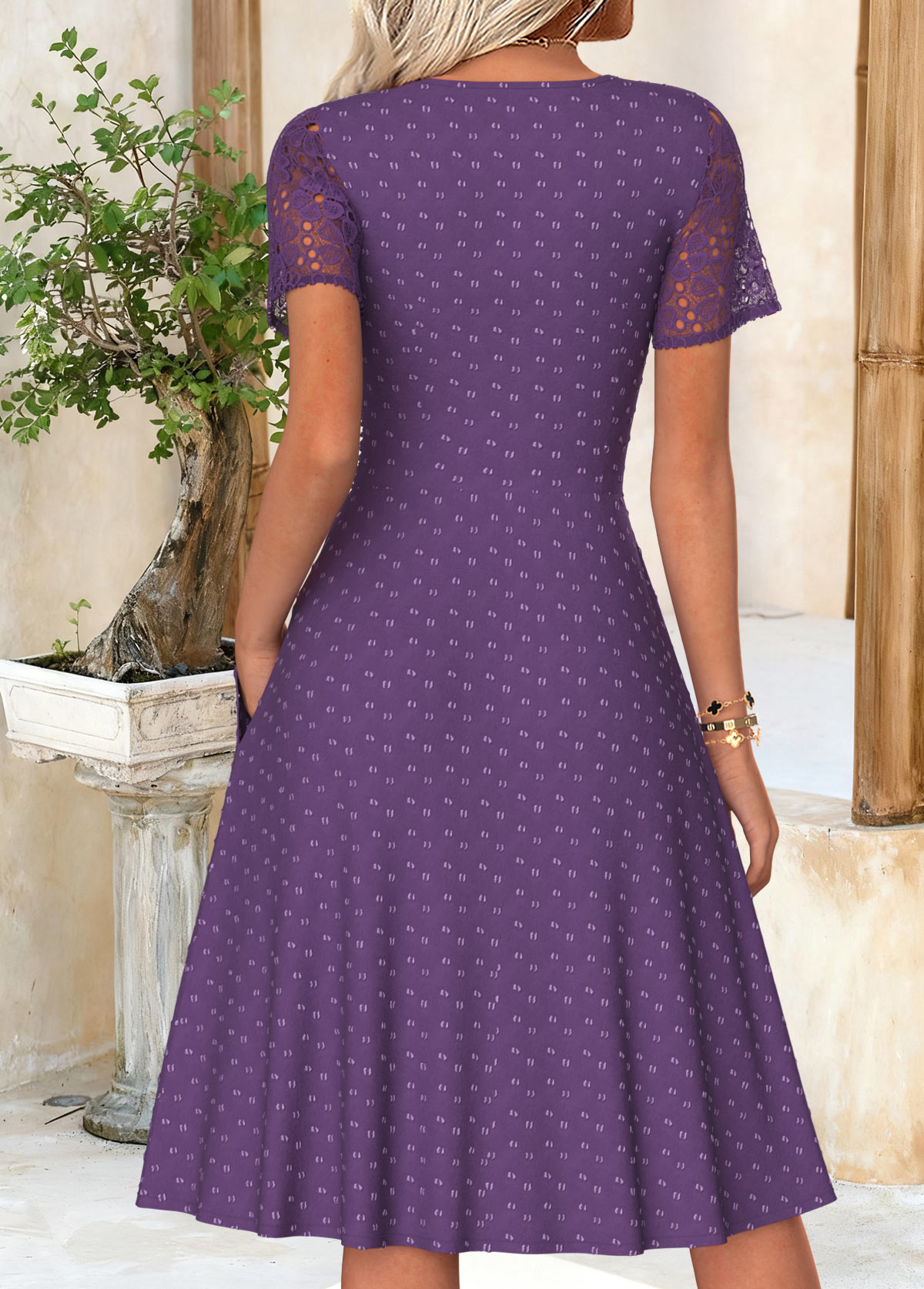 Surplice Purple Short Sleeve V Neck Dress