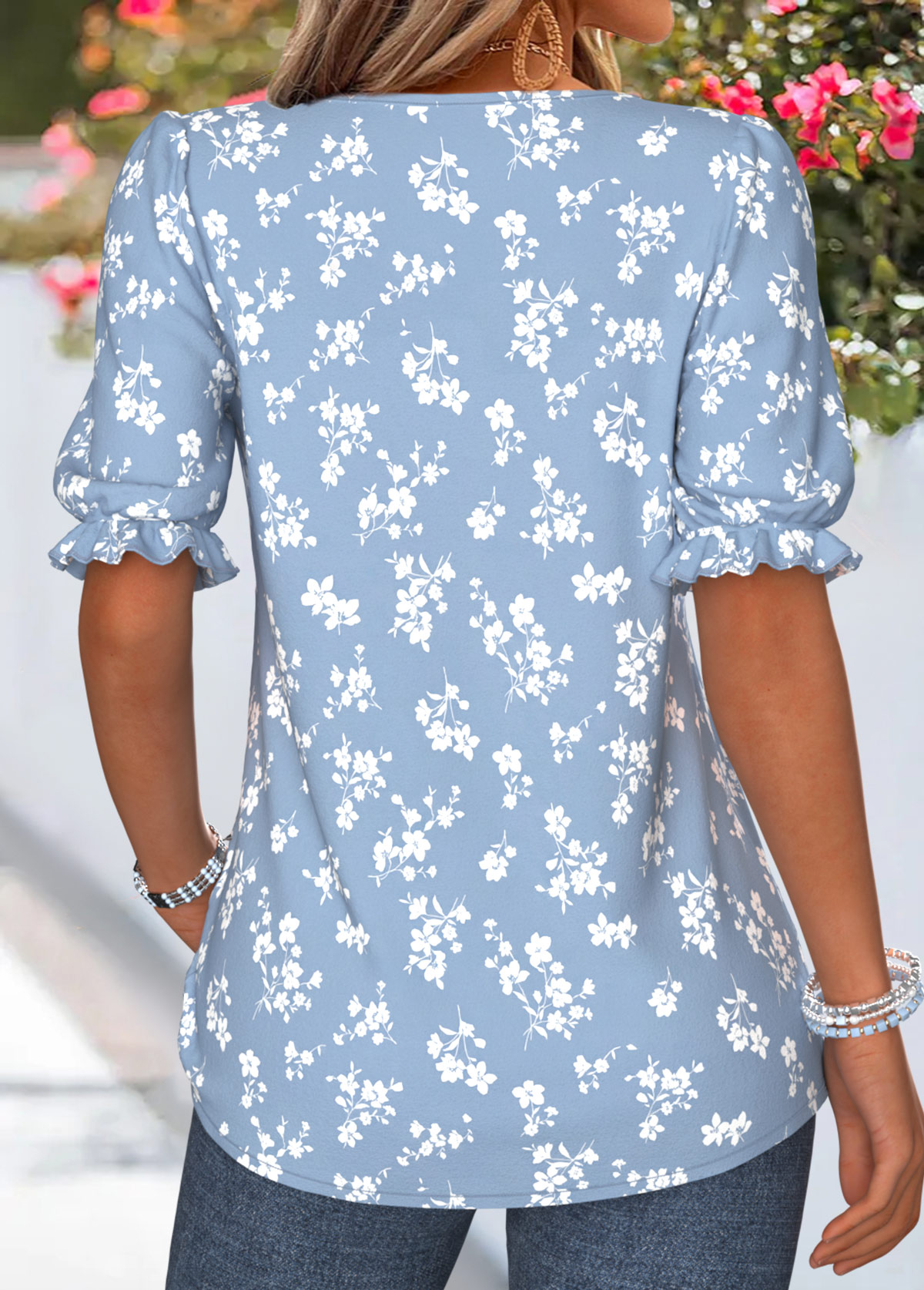 Ditsy Floral Print Curved Hem Light Blue T Shirt