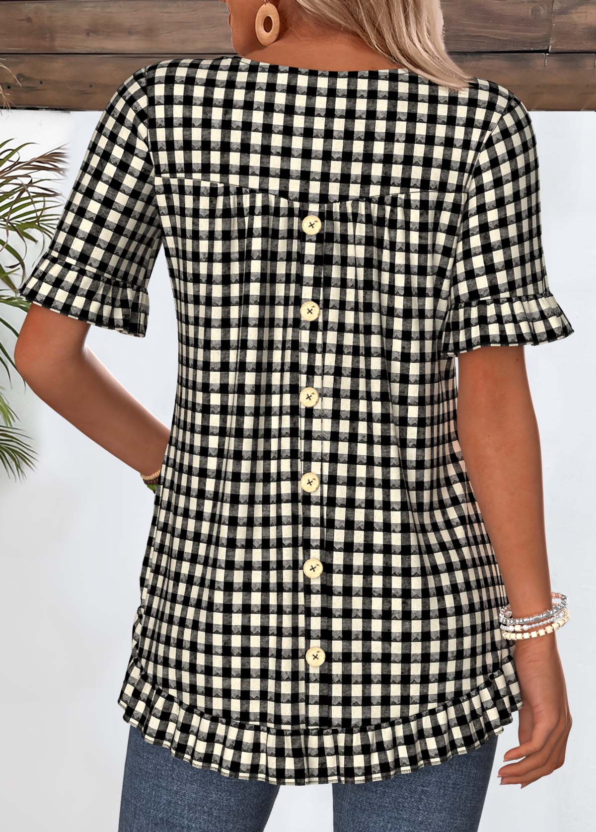 Plaid Frill Black Short Sleeve Round Neck T Shirt