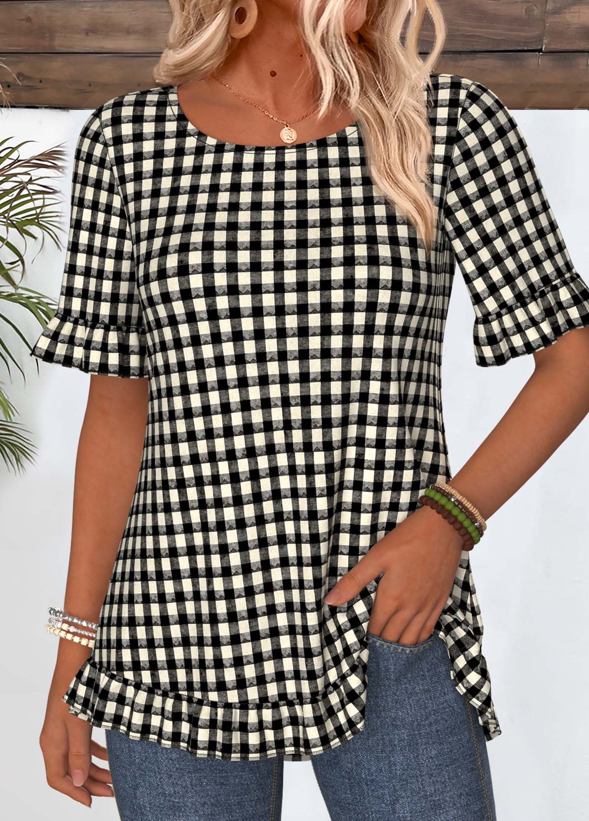 Plaid Frill Black Short Sleeve Round Neck T Shirt