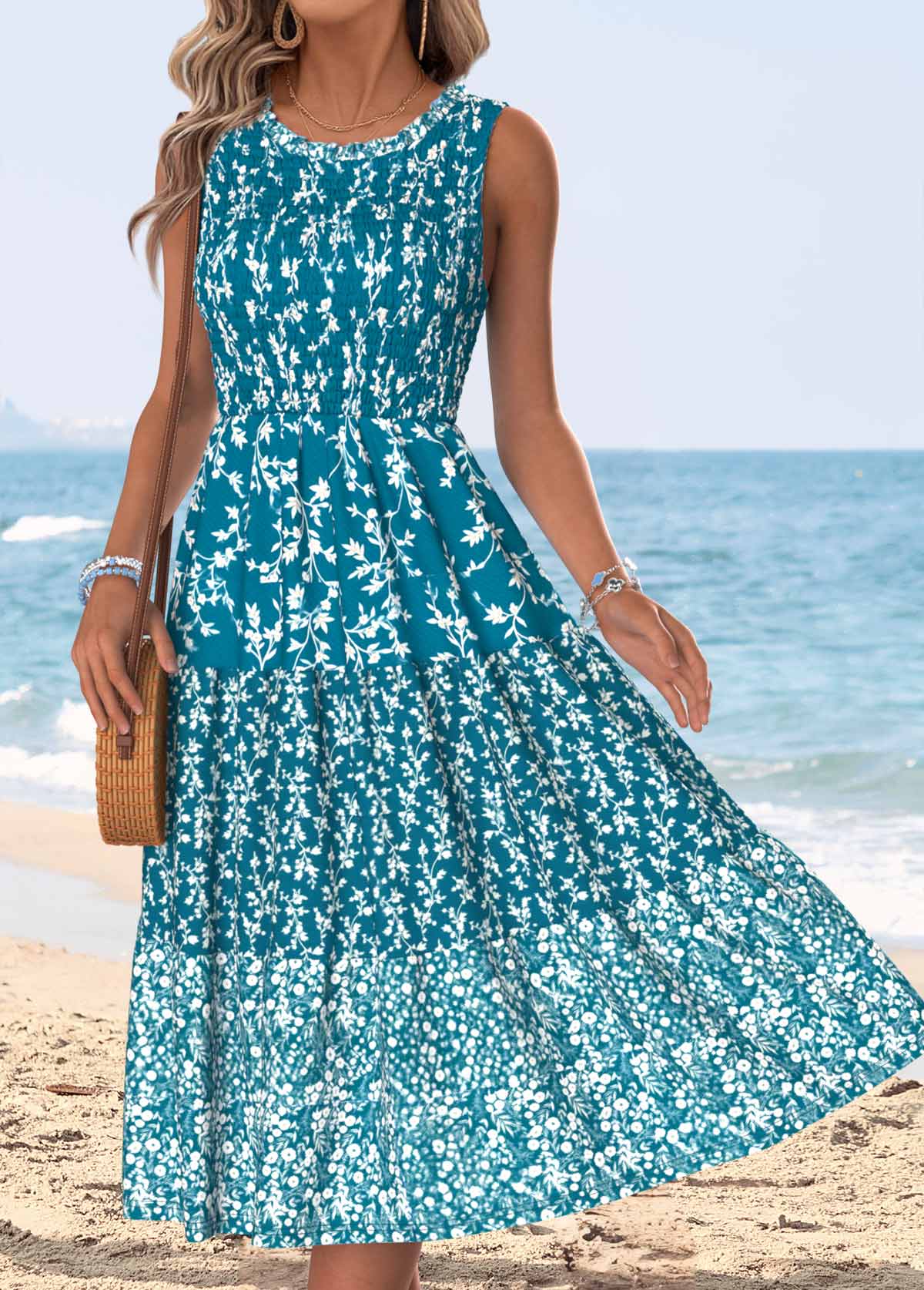 Ditsy Floral Print Tummy Coverage Peacock Blue Sleeveless Dress