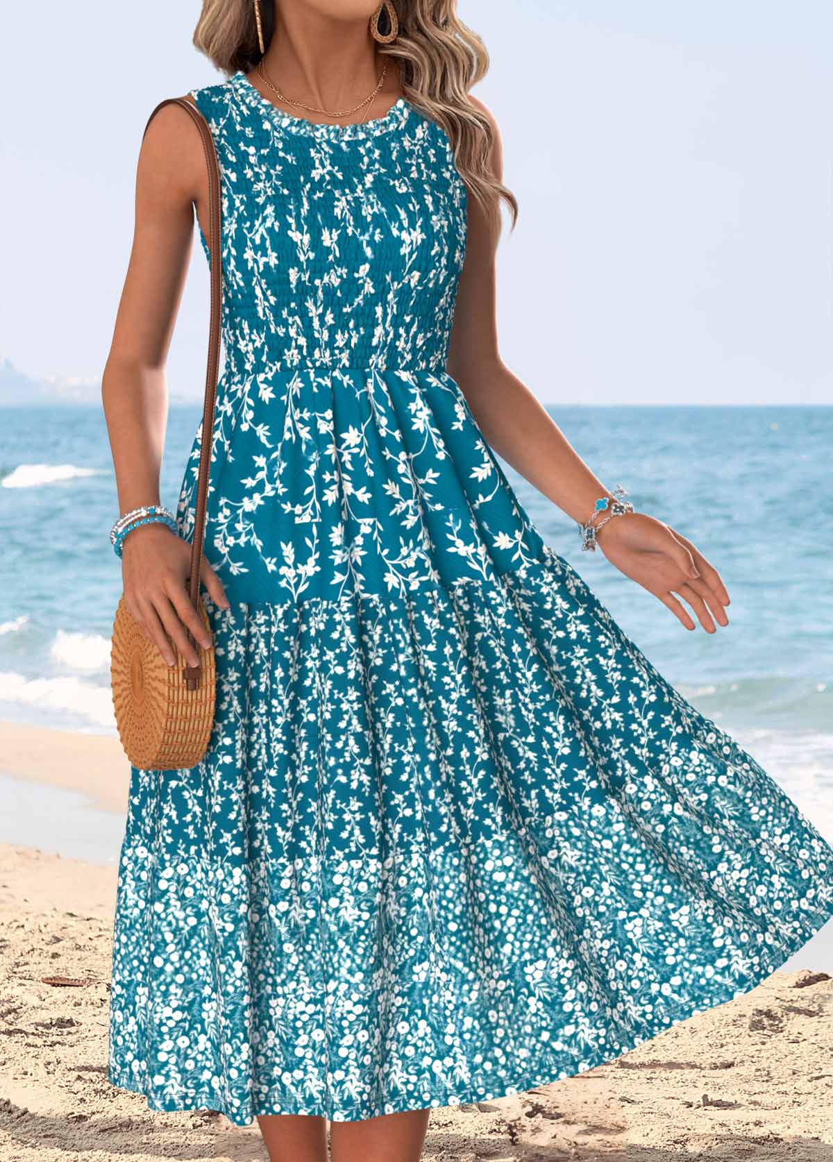 Ditsy Floral Print Tummy Coverage Peacock Blue Sleeveless Dress