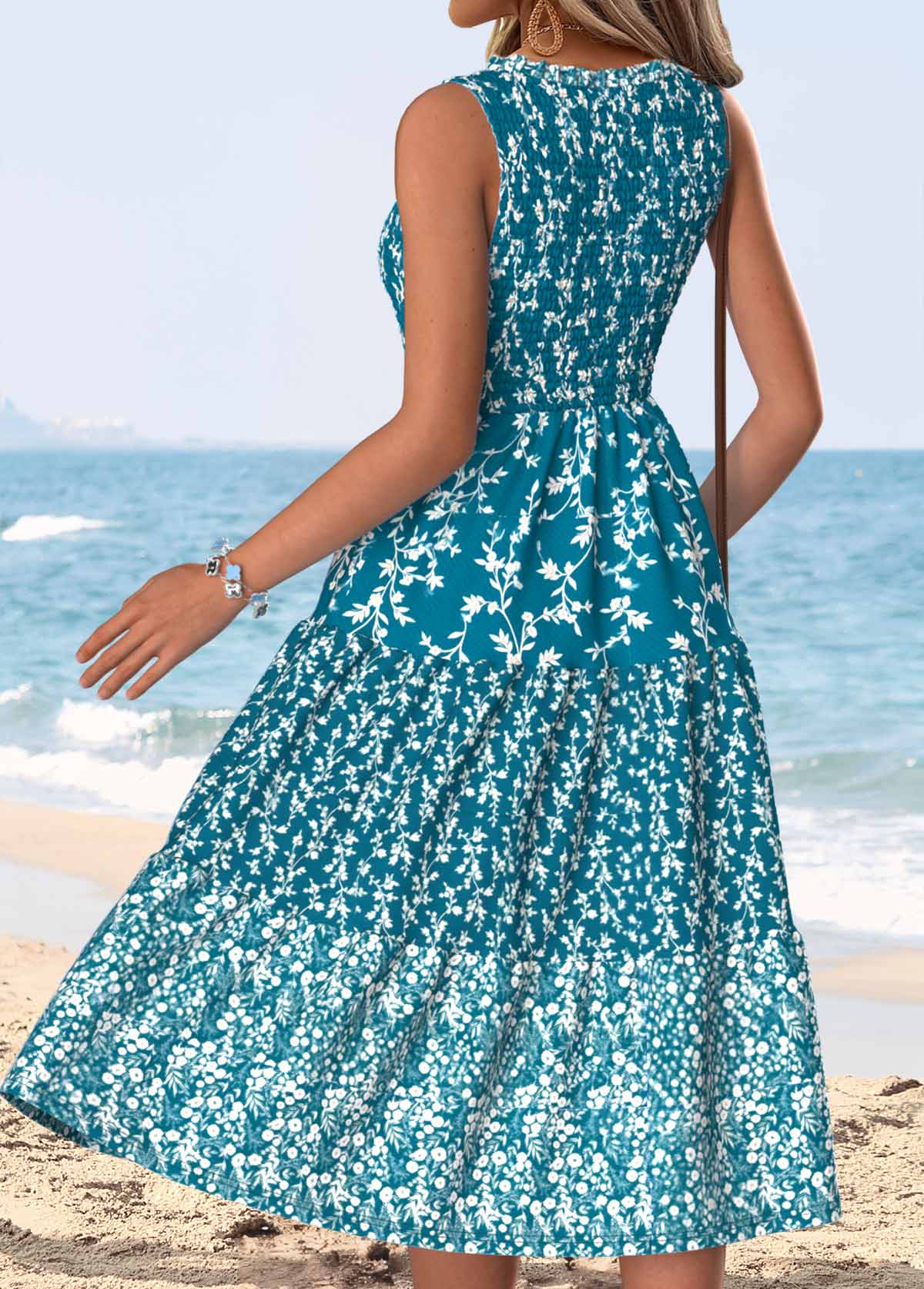 Ditsy Floral Print Tummy Coverage Peacock Blue Sleeveless Dress