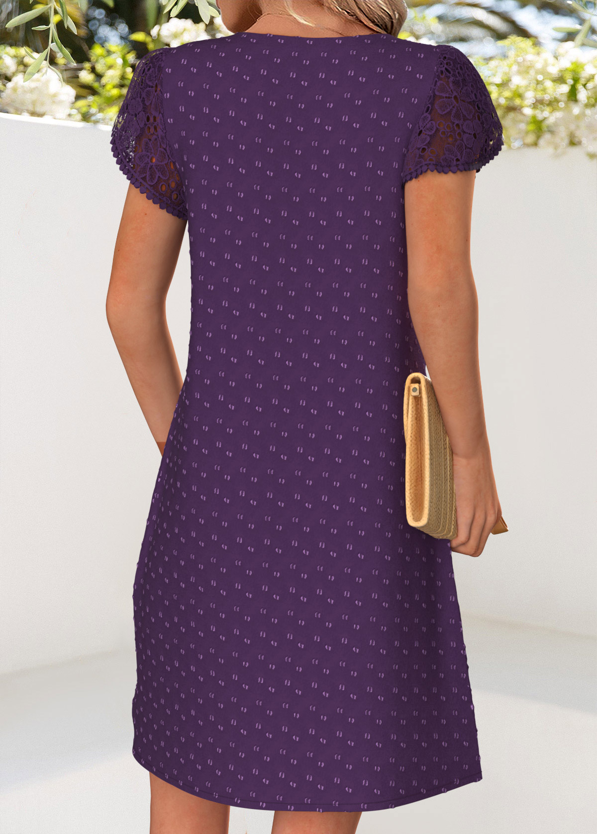 Tuck Stitch Purple Short V Neck Dress