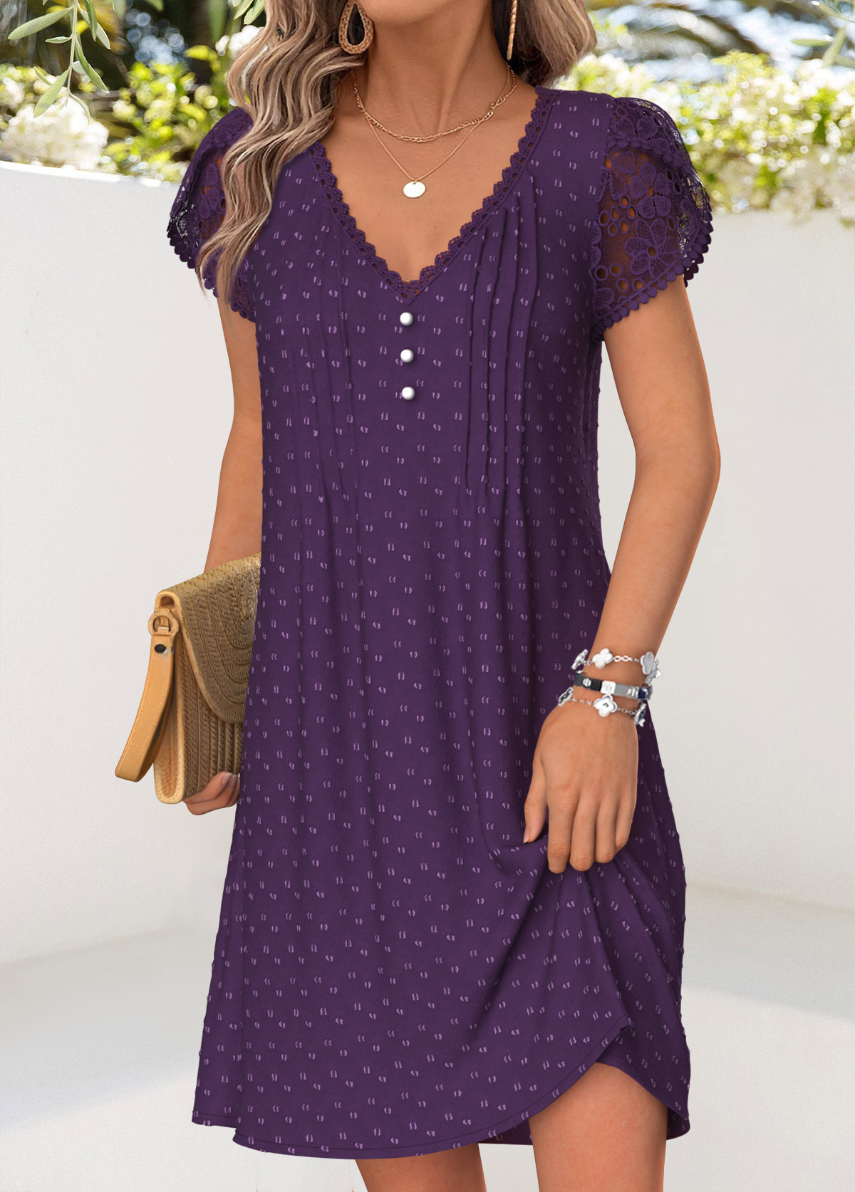 Tuck Stitch Purple Short V Neck Dress