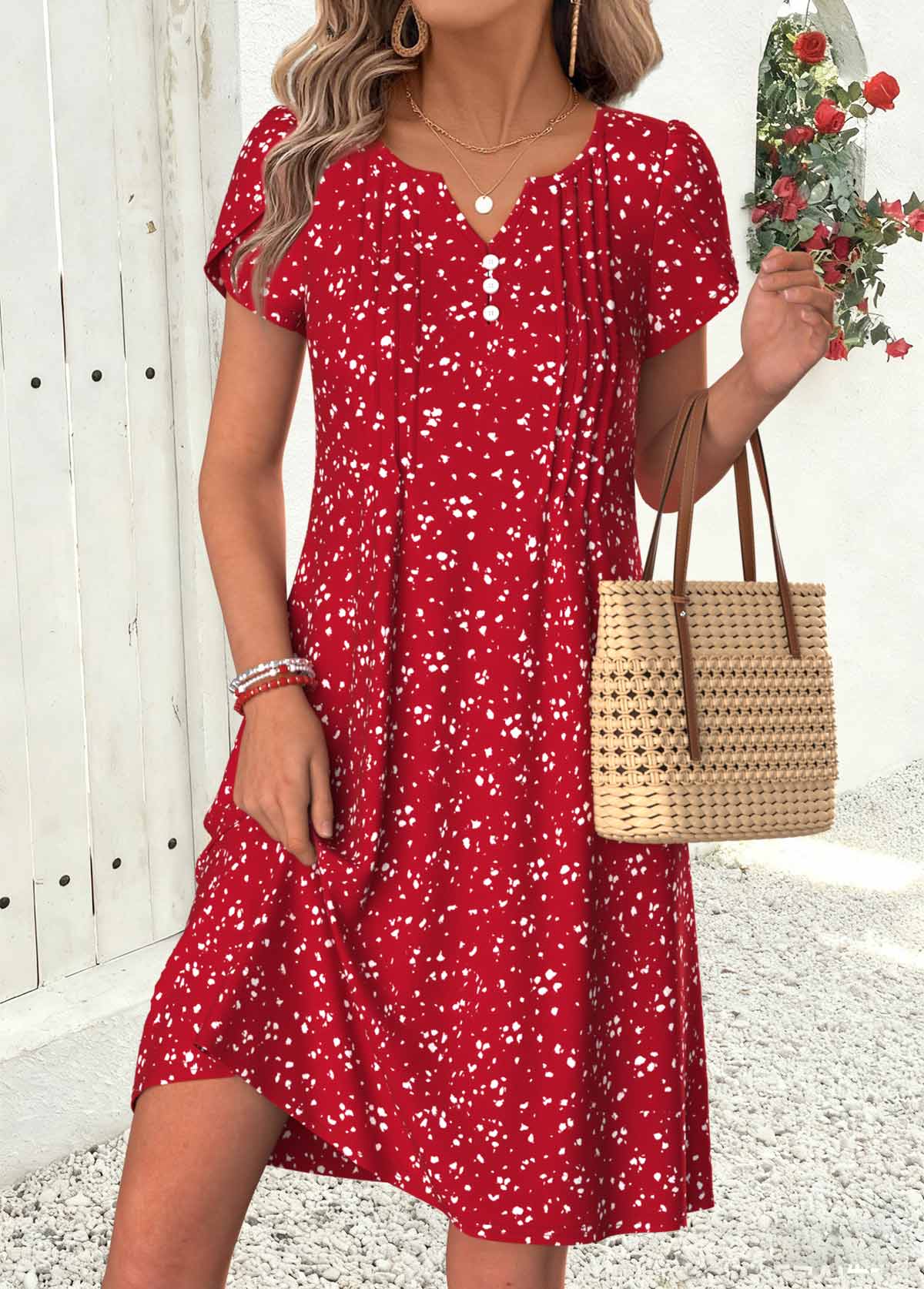 Ditsy Floral Print Tuck Stitch Red Short Dress