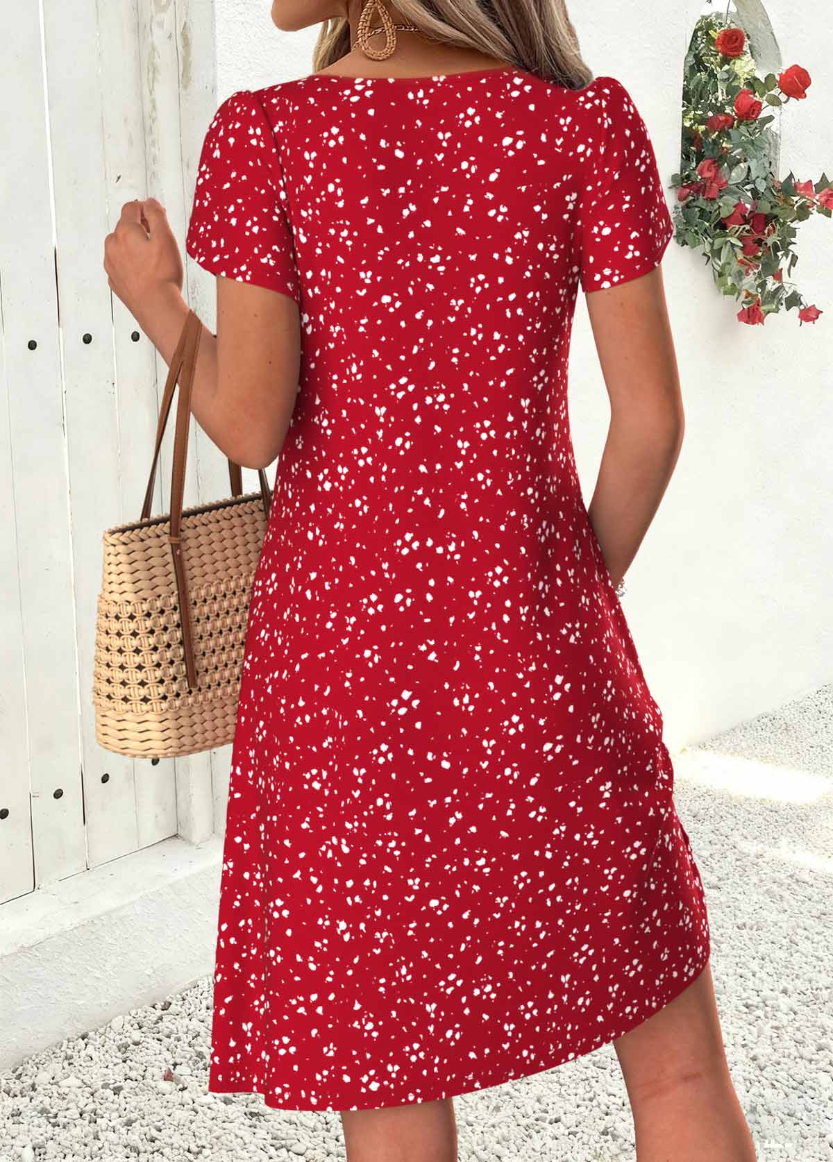 Ditsy Floral Print Tuck Stitch Red Short Dress