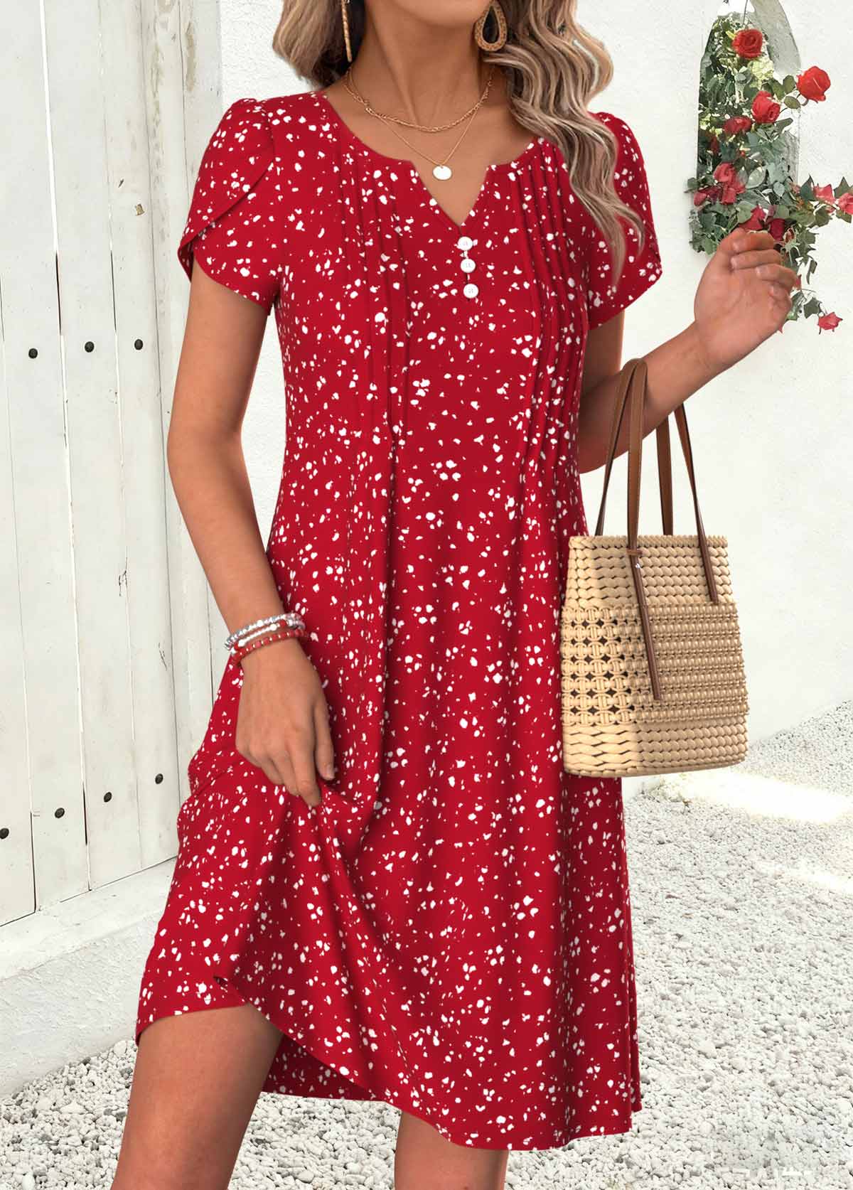 Ditsy Floral Print Tuck Stitch Red Short Dress