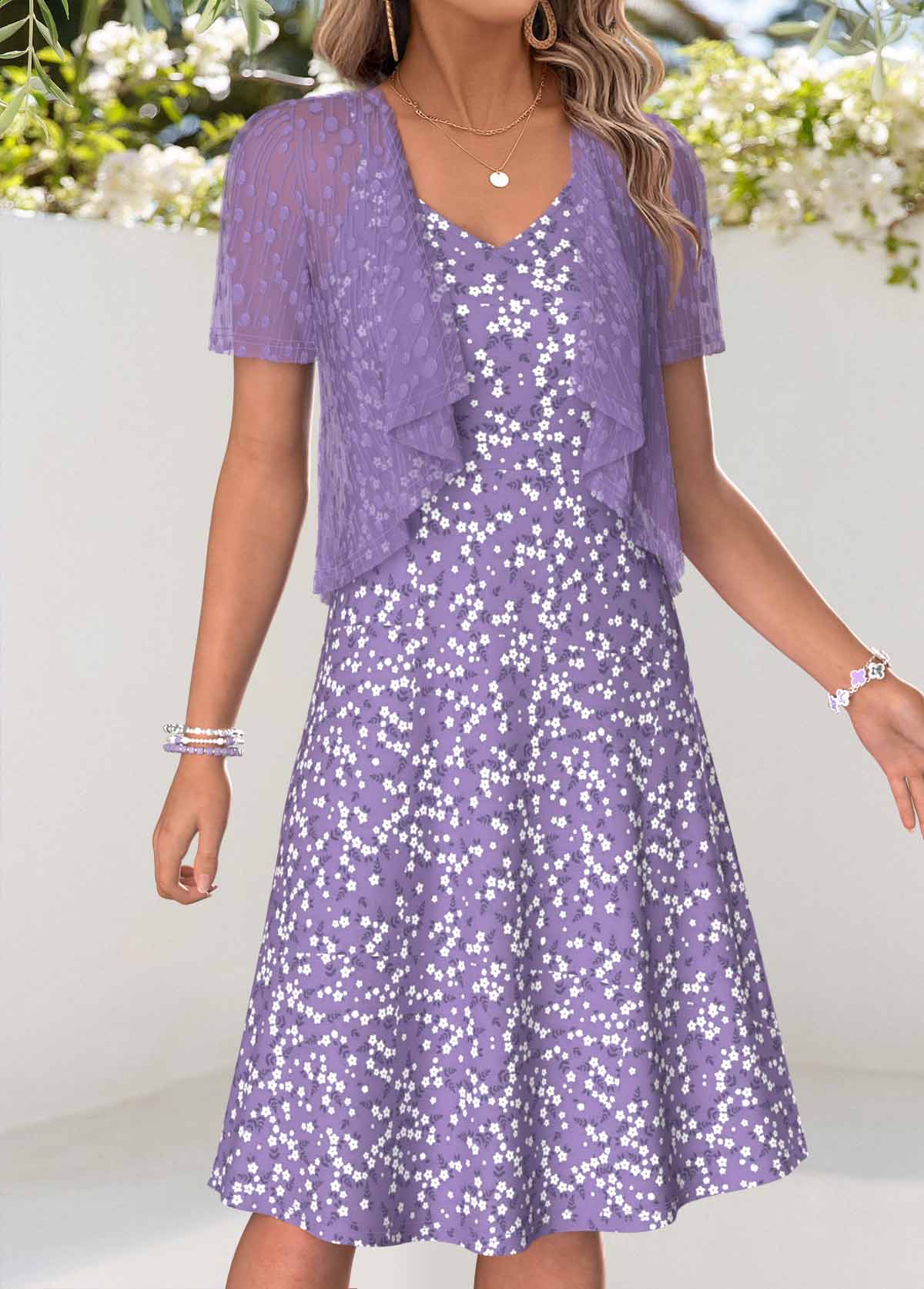 Ditsy Floral Print Tummy Coverage Dress and Cardigan
