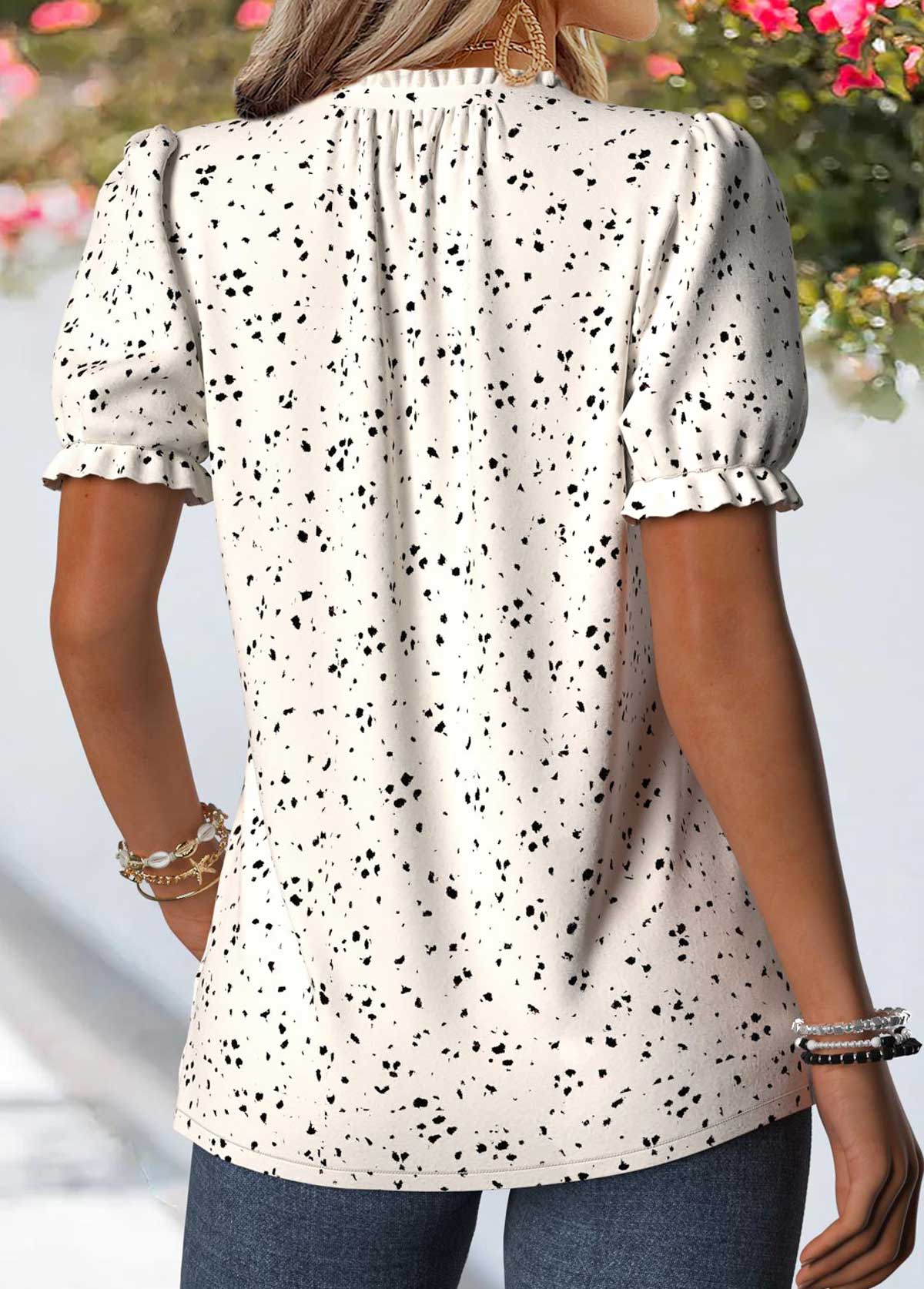 Geometric Print Frill Beige Short Sleeve T Shirt