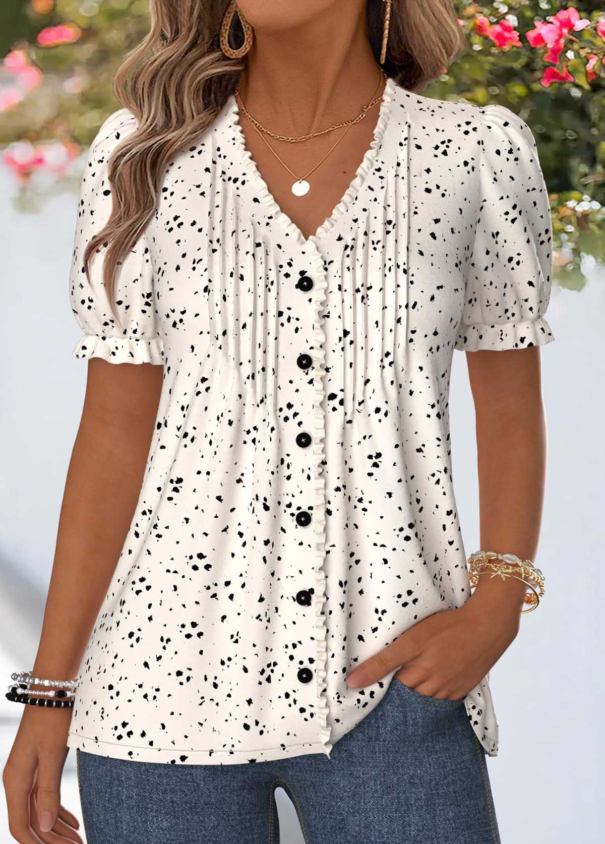 Geometric Print Frill Beige Short Sleeve T Shirt