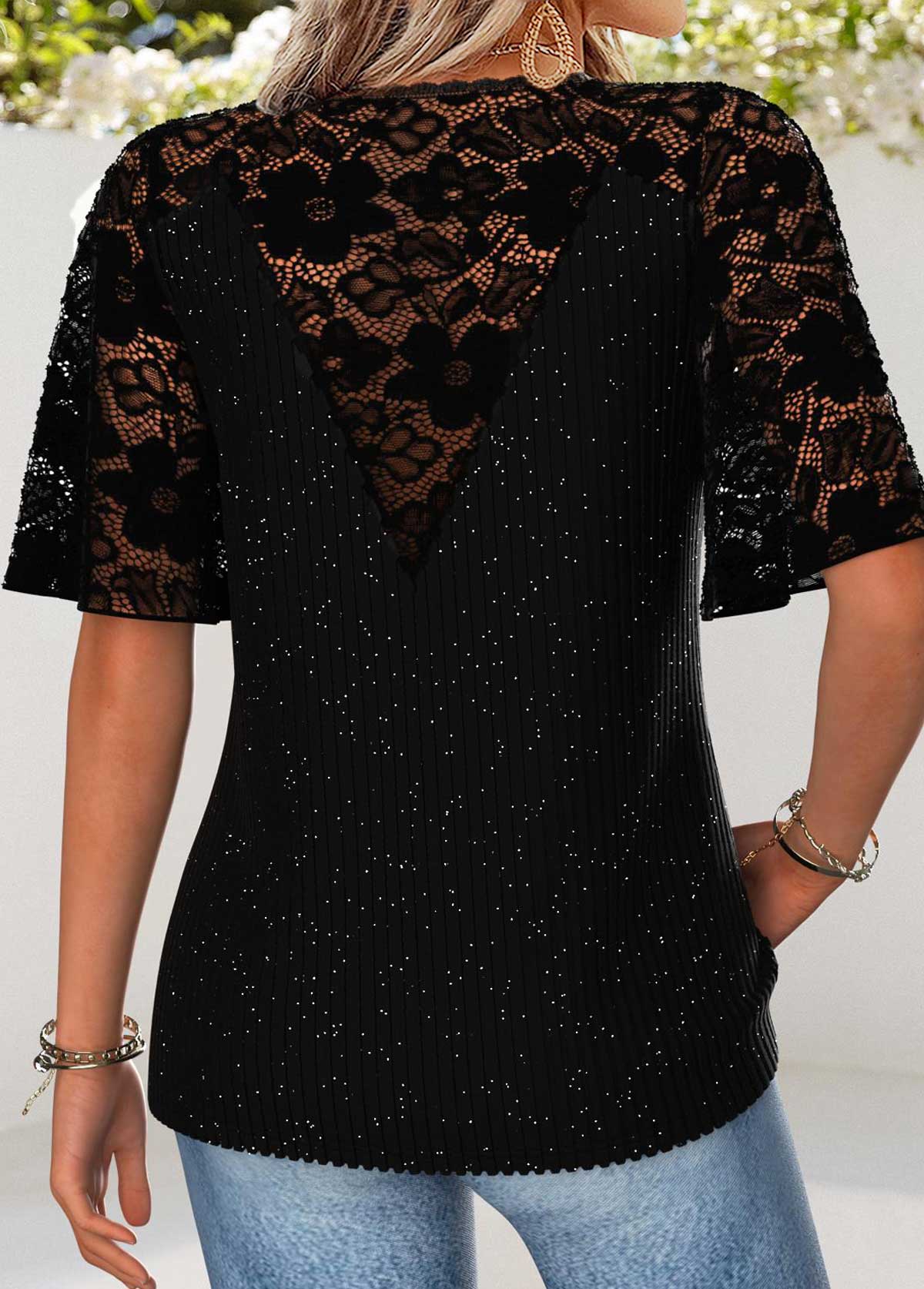 Curved Hem Black Half Sleeve V Neck T Shirt