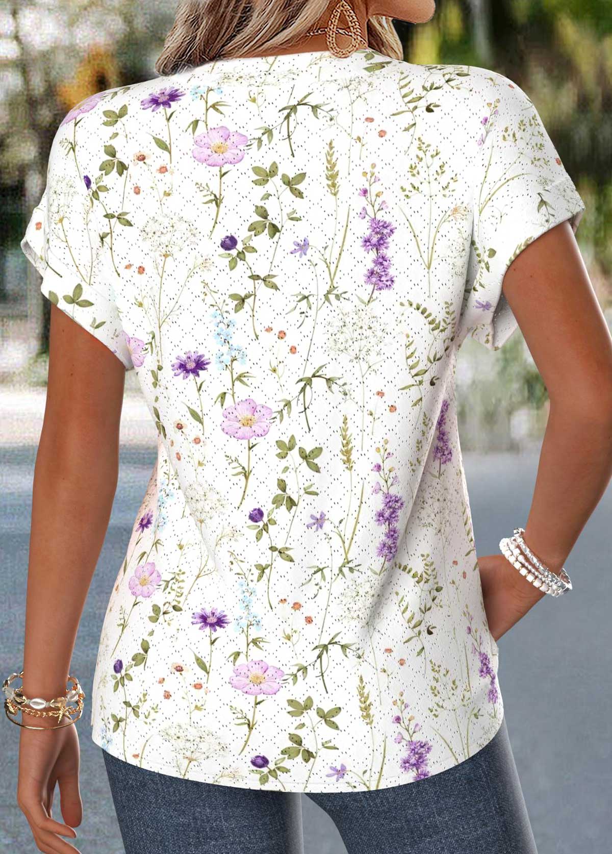 Floral Print Curved Hem Raw White Short Sleeve Blouse