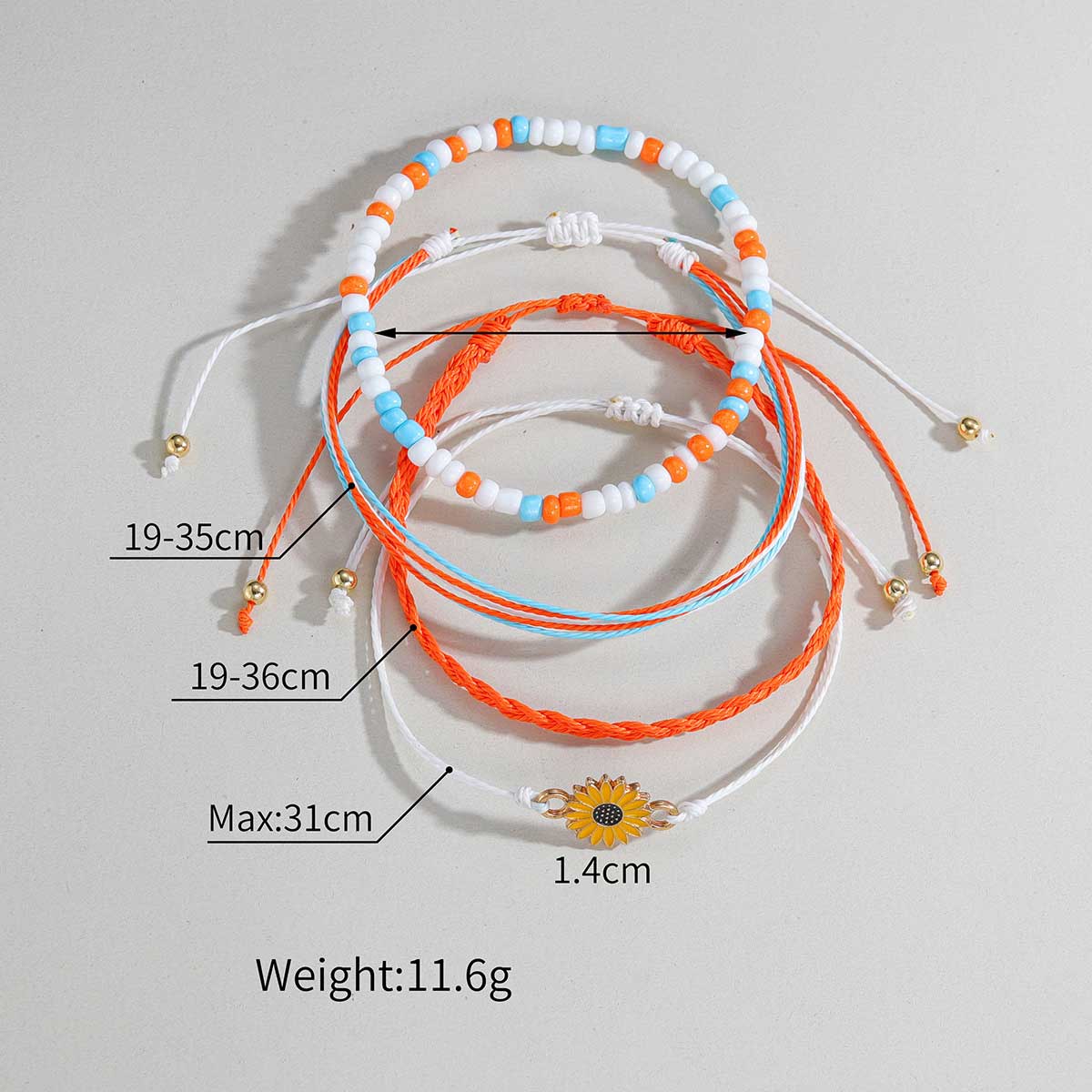Orange Flower Beaded Adjustable Anklet Set