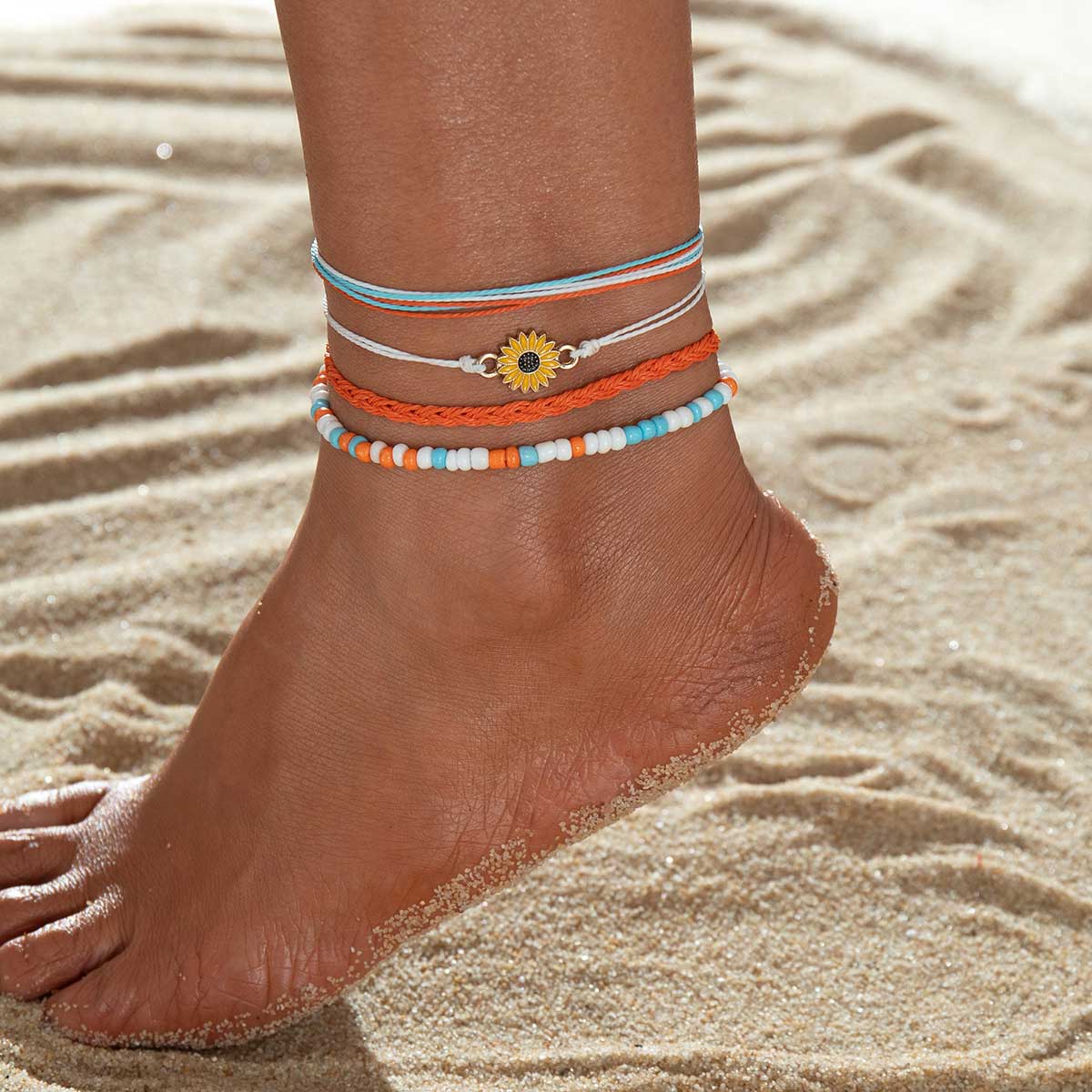 Orange Flower Beaded Adjustable Anklet Set