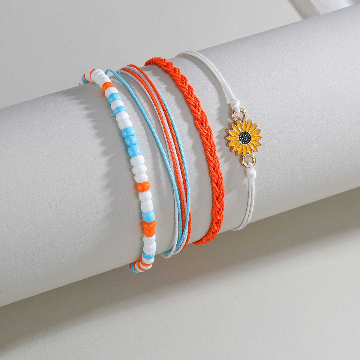 Orange Flower Beaded Adjustable Anklet Set