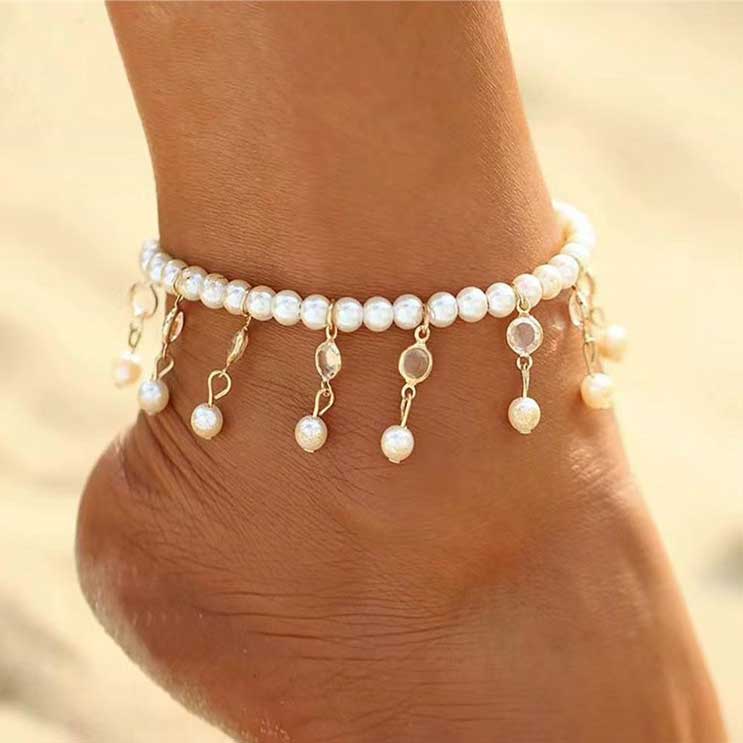 Beige Color Alloy Detail Pearl Anklet