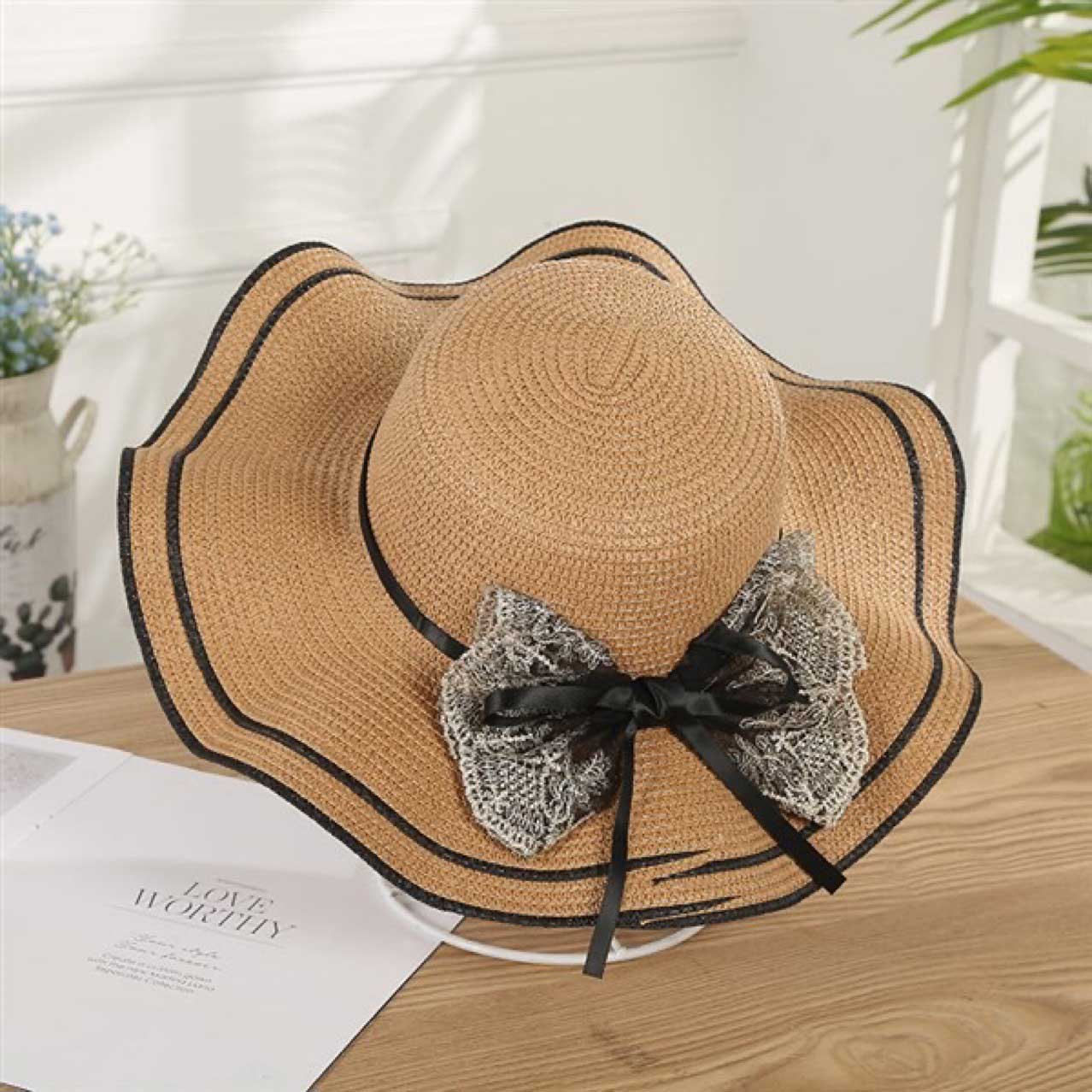 Striped Dark Camel Straw Visor Hat
