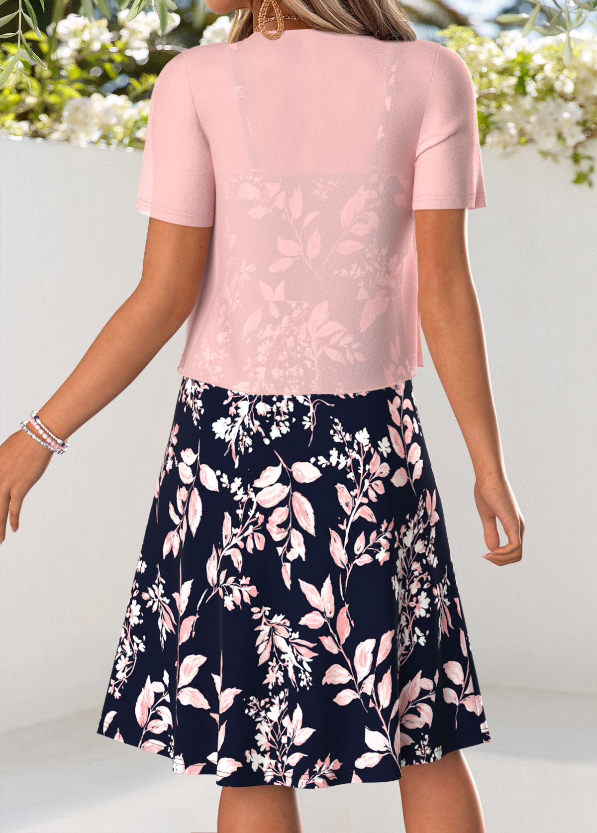 Leaf Print Tummy Coverage Pink Dress and Cardigan