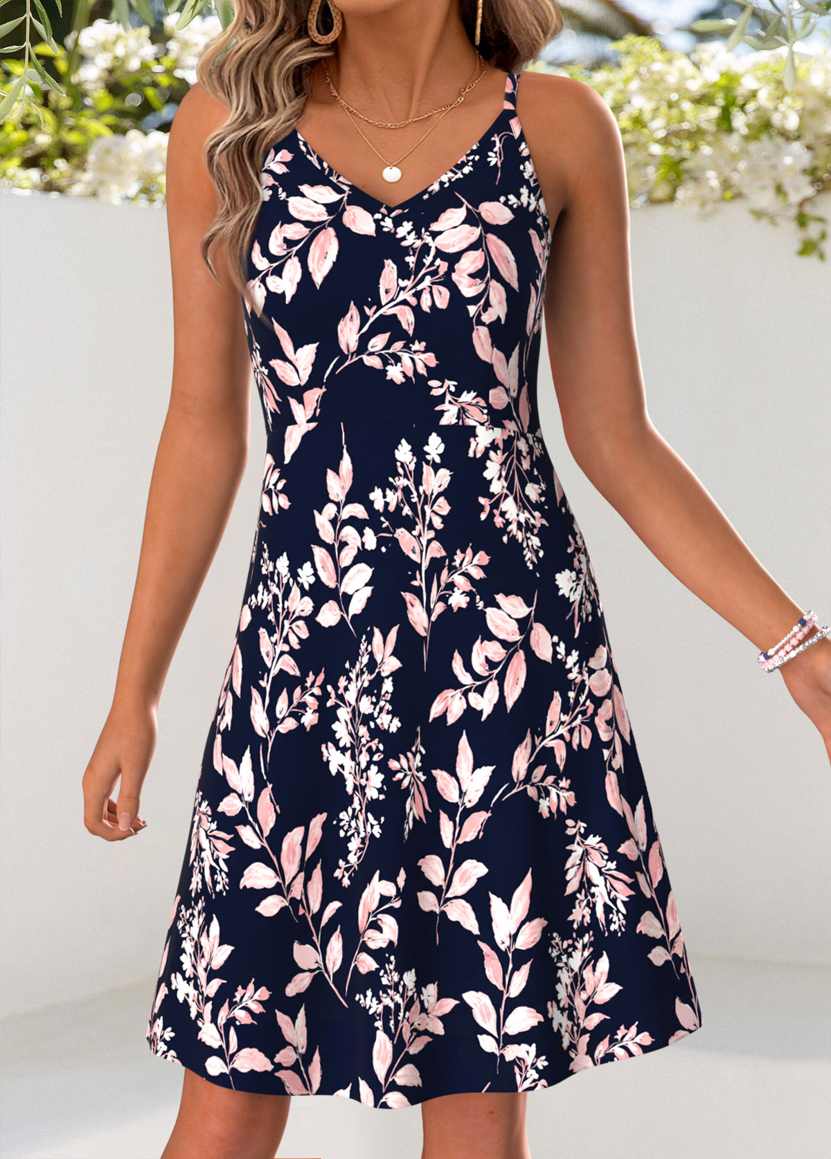 Leaf Print Tummy Coverage Pink Dress and Cardigan